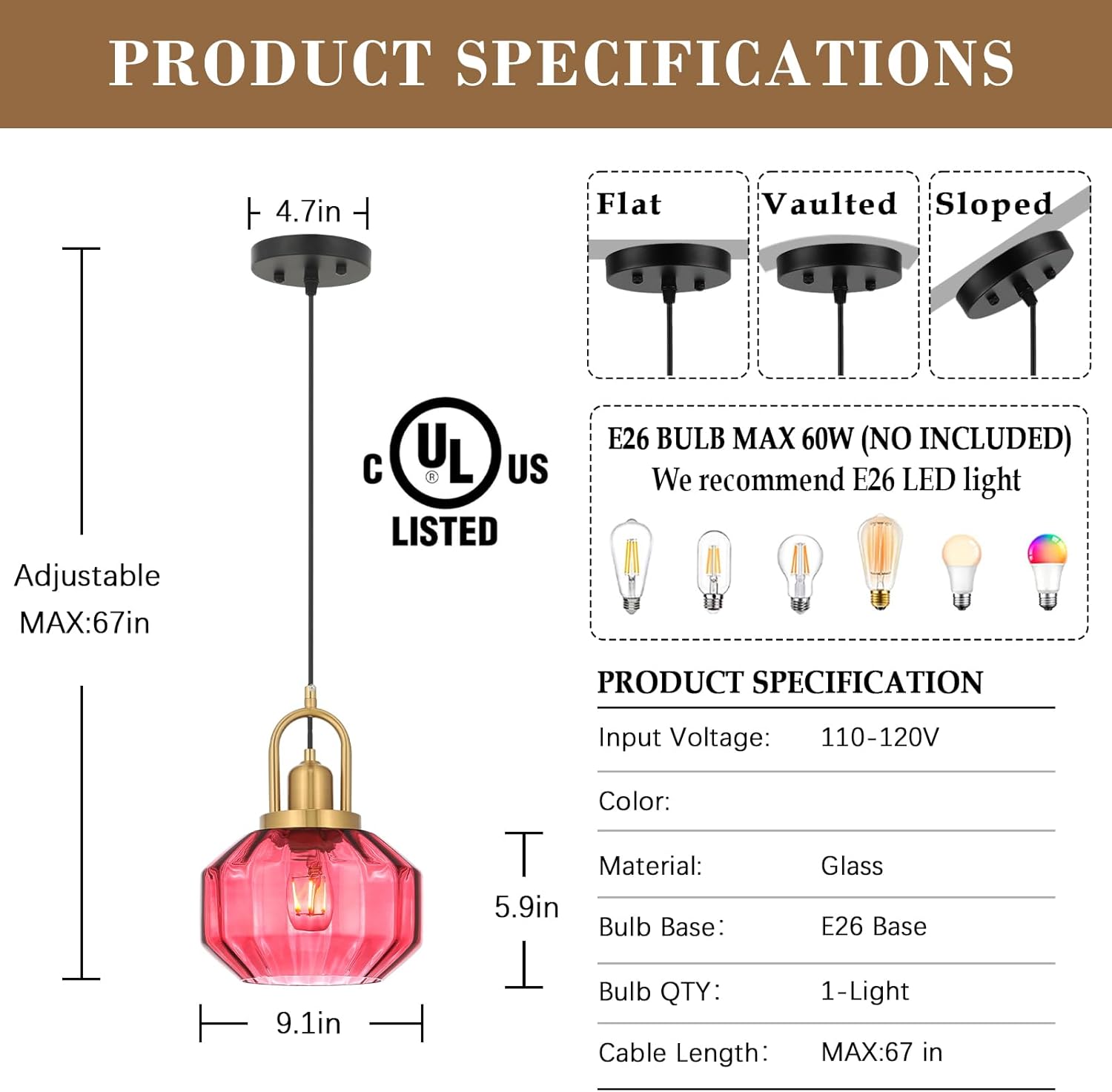 9in Mid Century Modern Wine Red Glass Pendant Light Fixture, Small Gold Kitchen Island Pendants Light Glass Ceiling Hanging Lamp for Foyer Dining Room Bedroom Entryway Hallway Over Sink