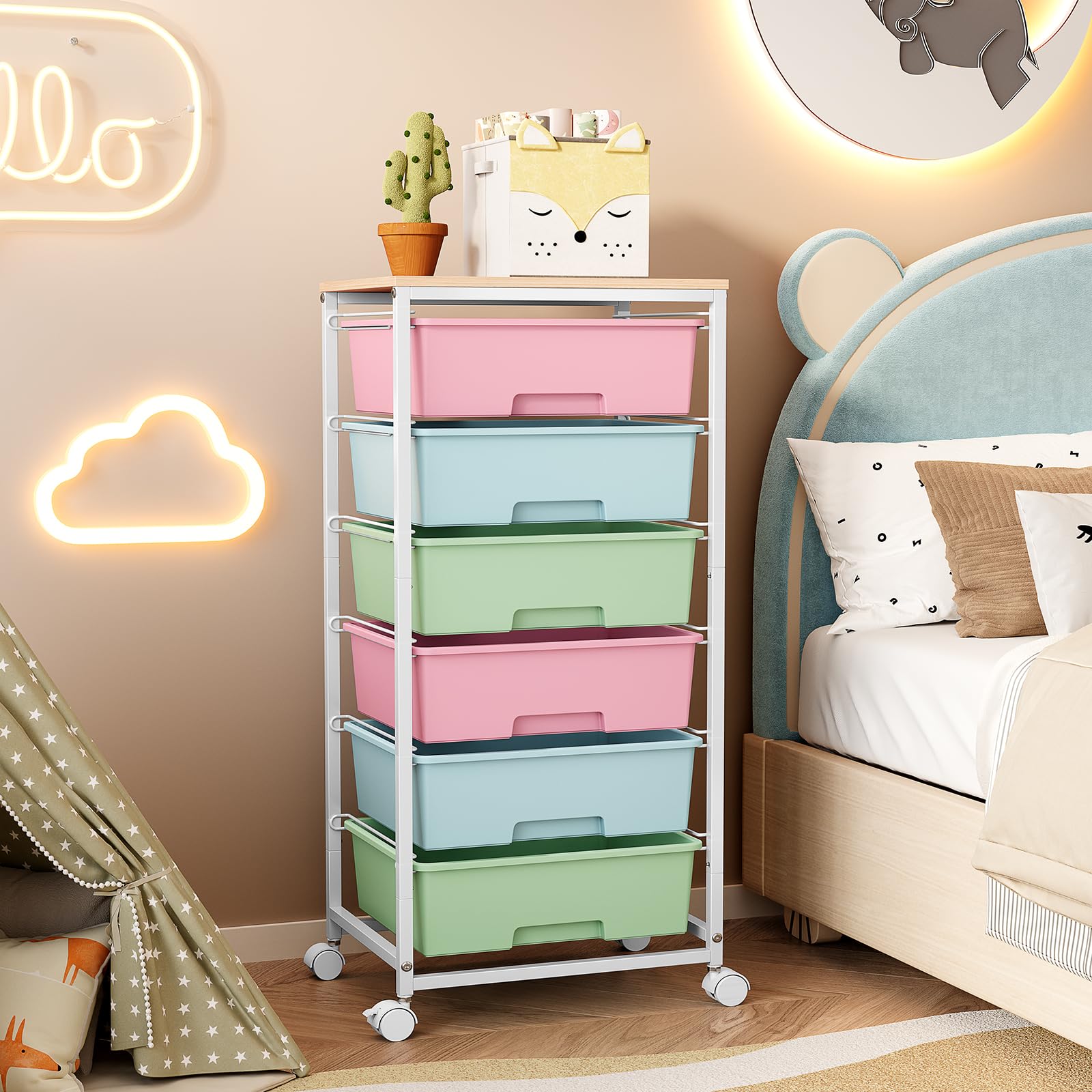 Cajonera con Ruedas KINGRACK con 6 Cajones Grandes y Estantes - Carrito Organizador para Oficinas, Habitaciones Infantiles y Salas de Manualidades (Colorido)