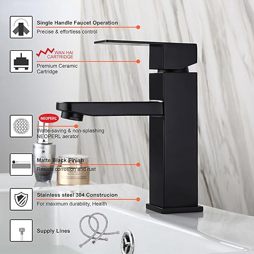 Miniatura 3 de Grifo de lavabo de baño negro mate, grifo de lavabo de baño de una sola manija, grifo cuadrado moderno de acero inoxidable 304