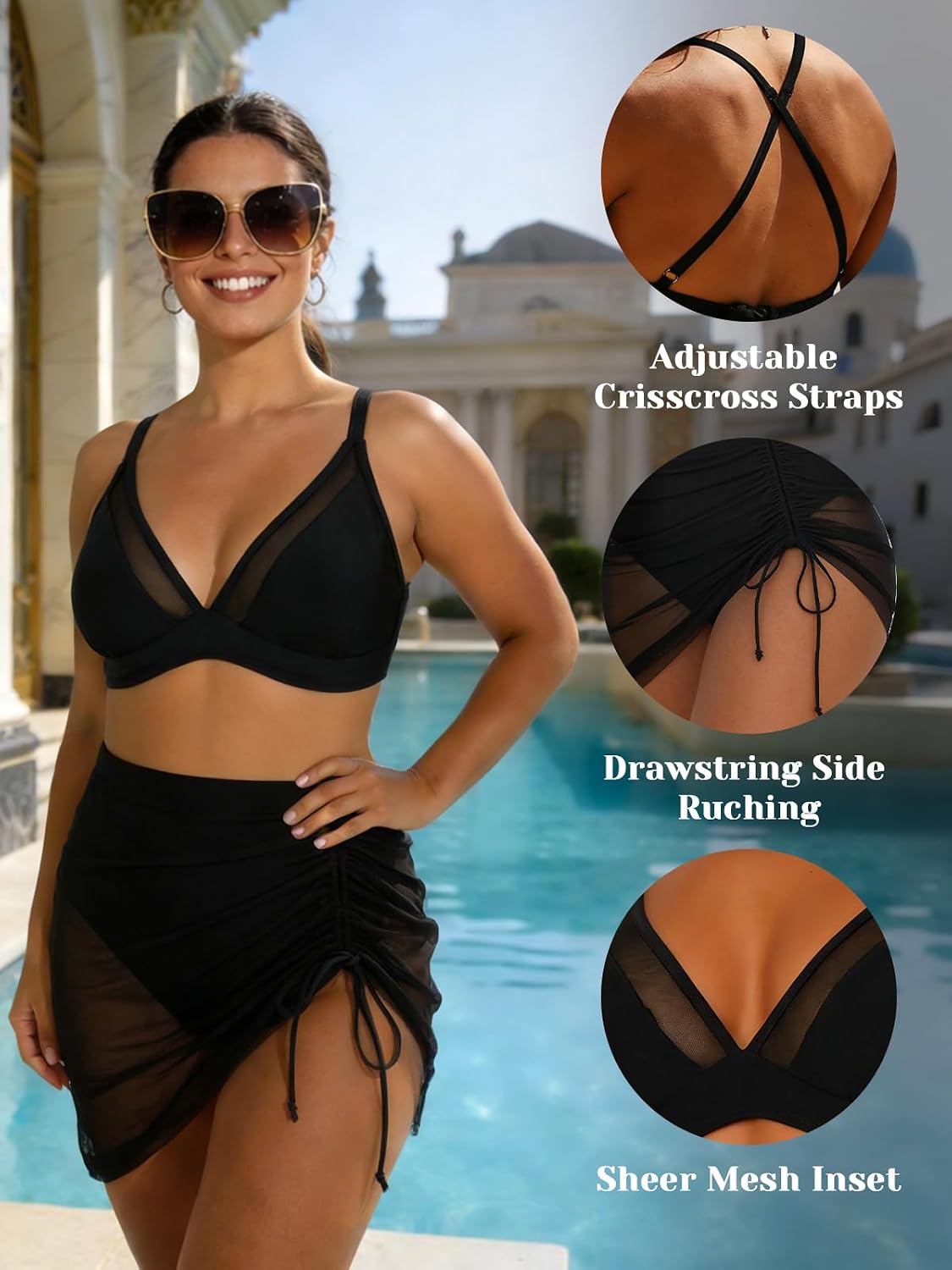 2 Piece Swimsuits for Women High Waisted Bikini with Skirt, Sexy V Neck Mesh Bathing Suit Black