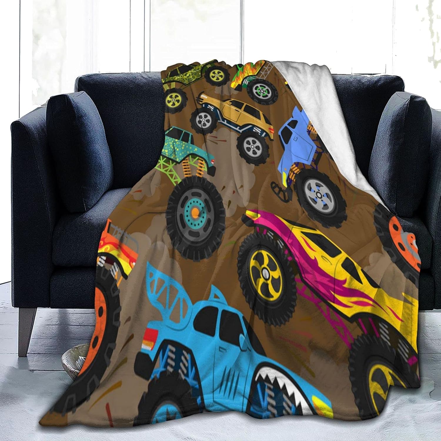 Monster Cartoon Truck Fleece Blanket Vehicle Or Car Microfiber Soft