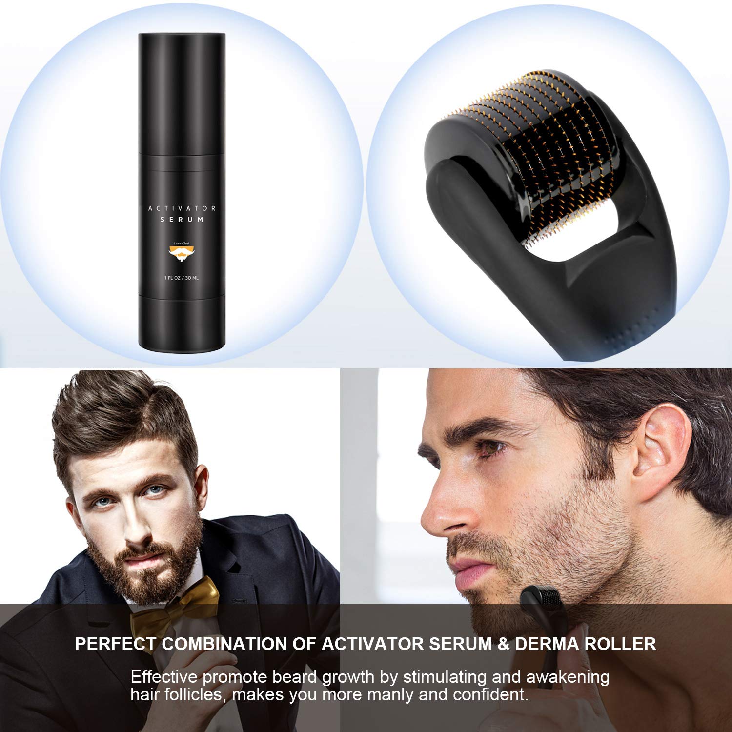 Jane Choi Kit De Croissance Barbe Sérum Huile Barbe Dermaroller Soin Barbe Hommes