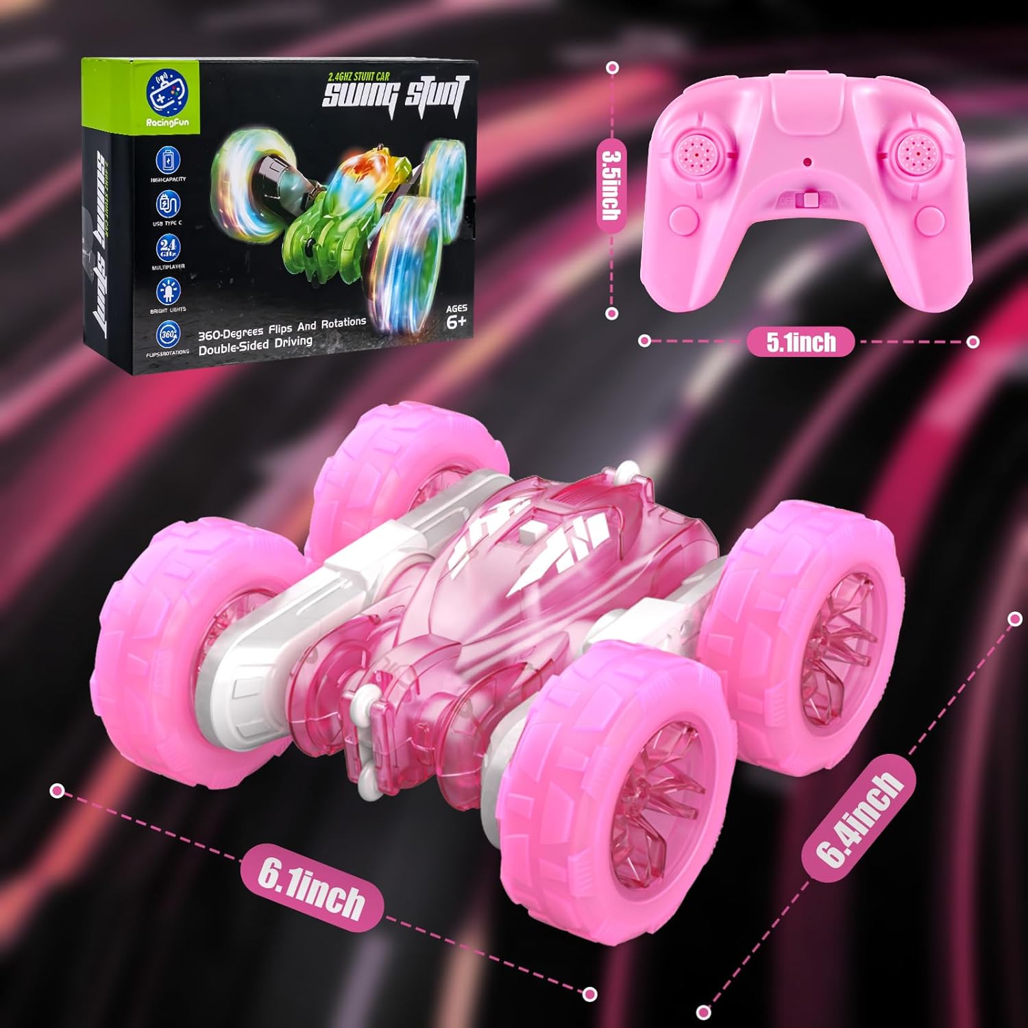 Pink Remote Control Car for Girls Rechargeable Fast Direct Charging RC Cars For Kids with Colorful Light,Double-Sided 360° Rotating Stunt Car 4WD RC Truck Toys for Ages 5-7 Gift for Girls Aged 6-12
