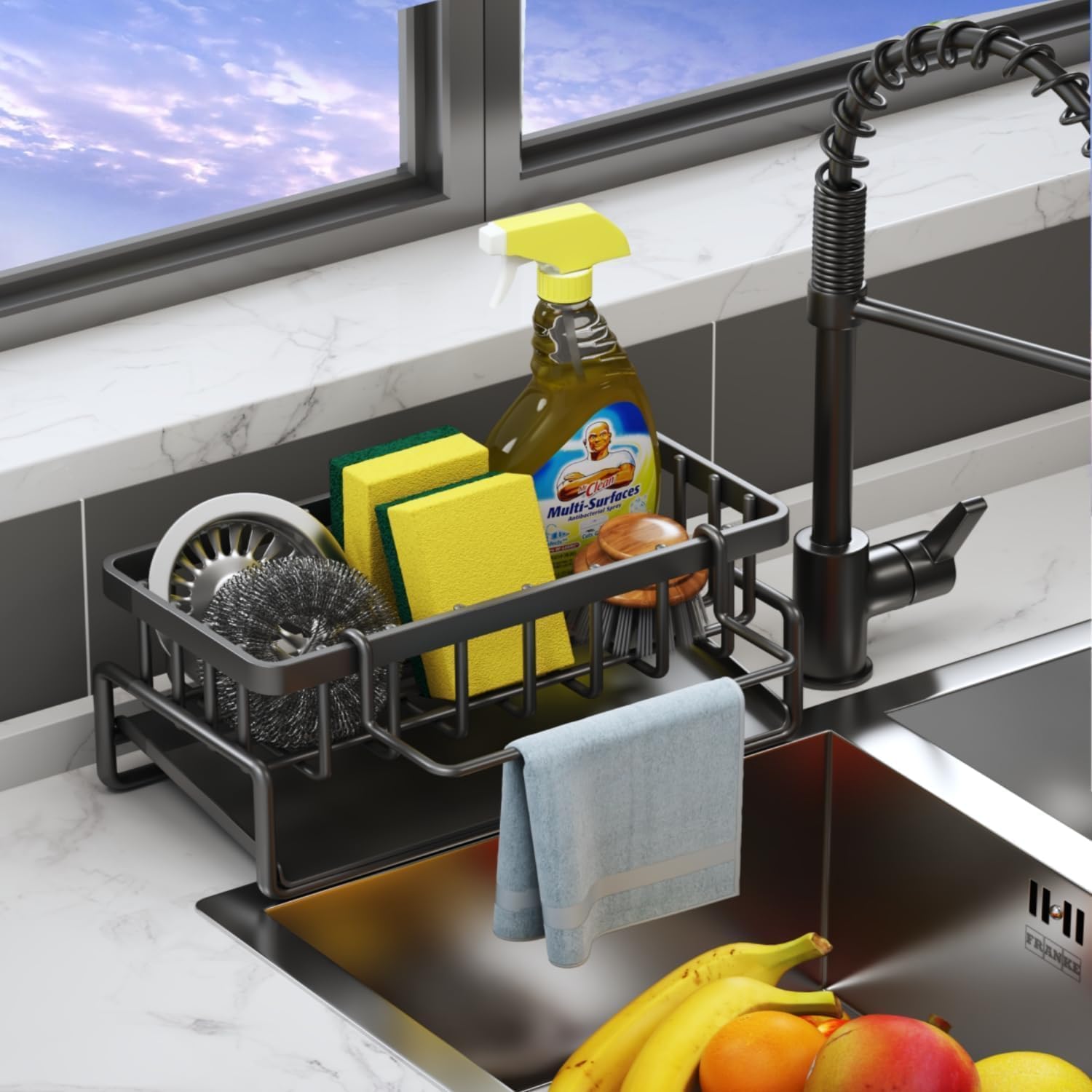 TEKCOOL Metal Sponge Holder for Kitchen Sink – Auto-Draining Caddy with Soap Tray, Dish Brush & Towel Bar | Large Capacity Rust-Resistant Black Sink Organizer Rack (Black)'-image-17