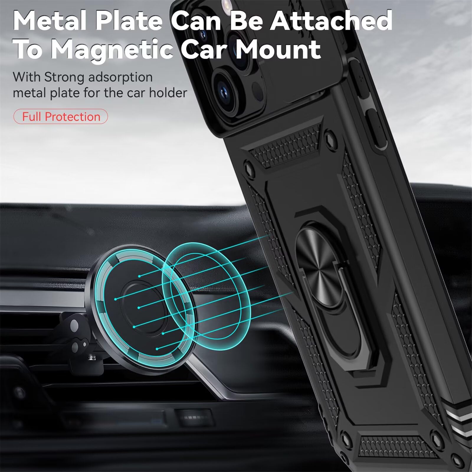 Cover per Iphone 15 Pro 6.1 Pollici con Vetro Temperato Custodia con Scorrevole Protezione Fotocamera Custodia Rotante Anello Supporto Antiurto TPU Bumper Custodie-Nero