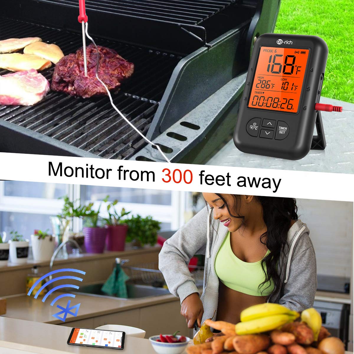 Wireless Meat Thermometer, Te-Rich Bluetooth Digital Food Grill Thermometer [Oven Safe/Timer/App Connected/] with 6 Temperature Probe for Smoker Grilling BBQ Turkey Kitchen Cooking Thermometer