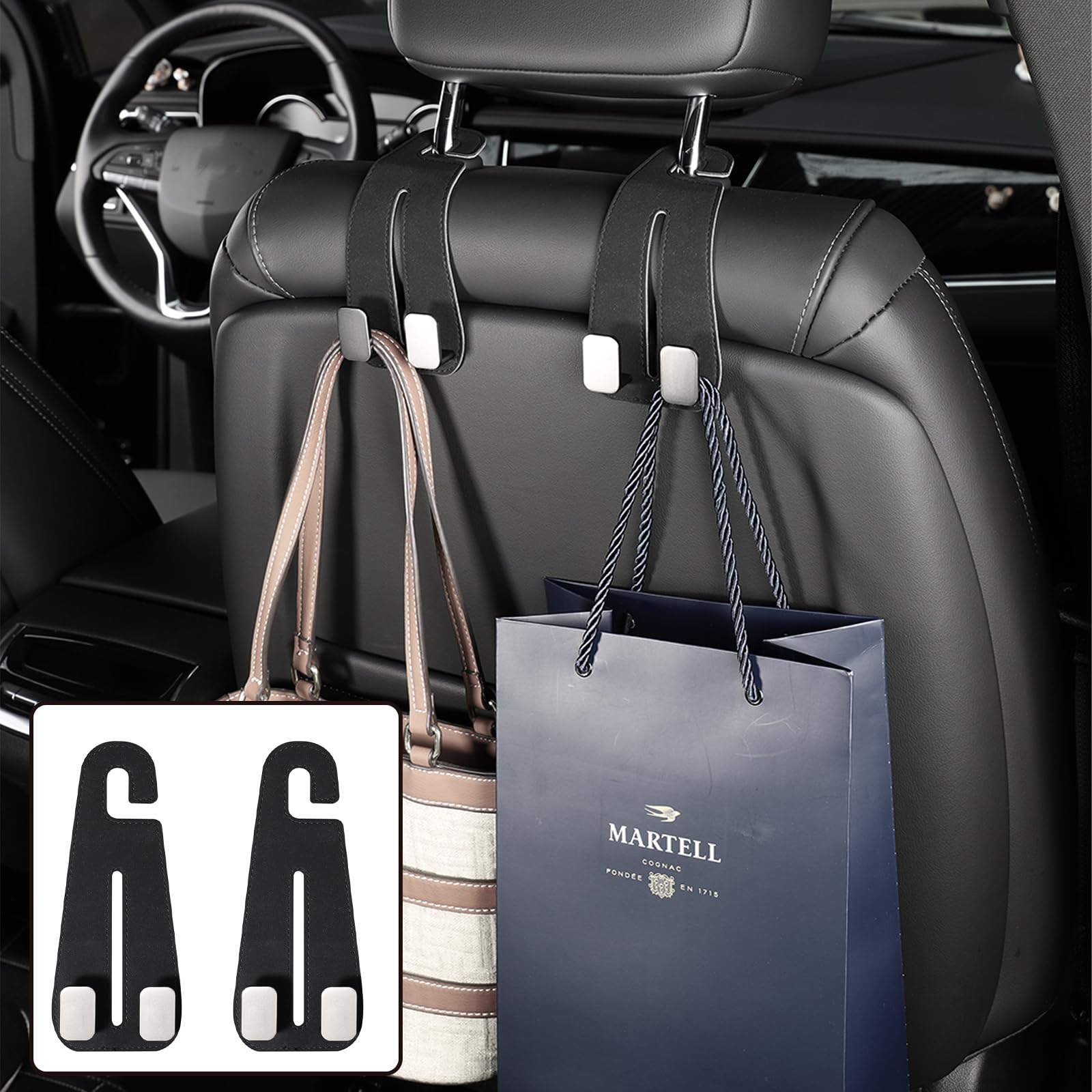 Dragon Art Car Hooks for Headrest, Car Seat Back Storage Hook for Headrest, Headrest Hooks for Purses and Bags, Car Hooks Leather (Black-2 Pack)