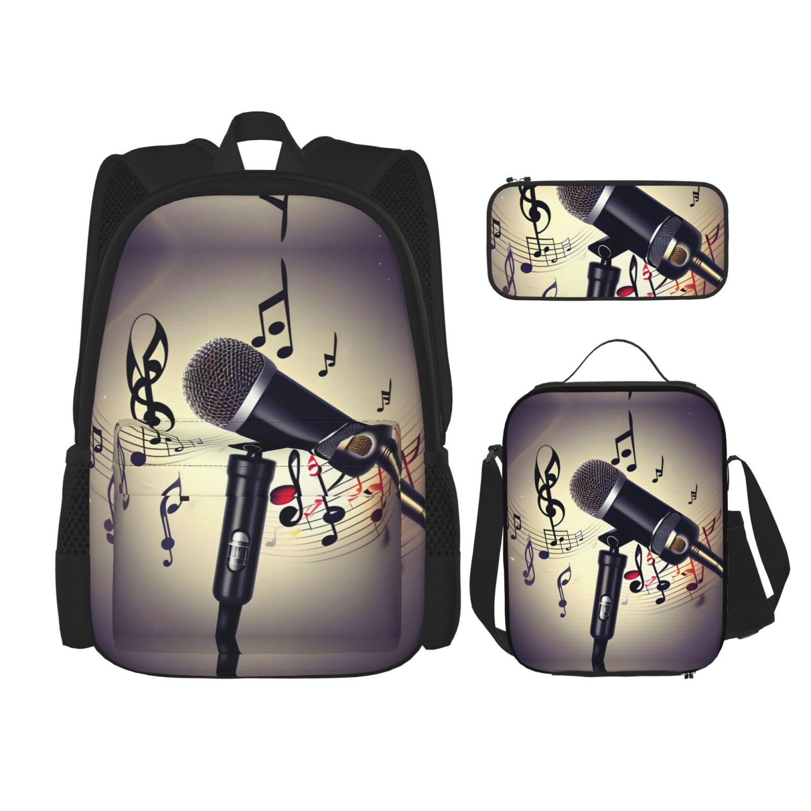 YQxwJL 3-In-1 Backpack Bookbag Set,Microphone With Music Note Print Casual Travel Backpacks,With Pencil Case Pouch, Lunch Bag