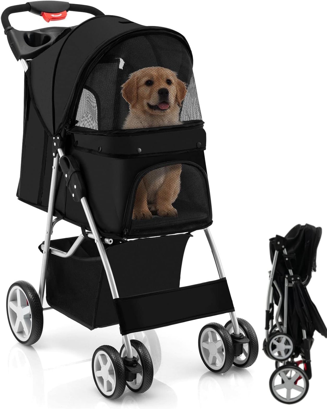 Maxmass Travel Pet Stroller, Foldable Small Medium Sized Dog Cat Trolley with Storage Basket, Safety Belt and Cup Holder, 4 Wheels Puppy Pushchair (Black)