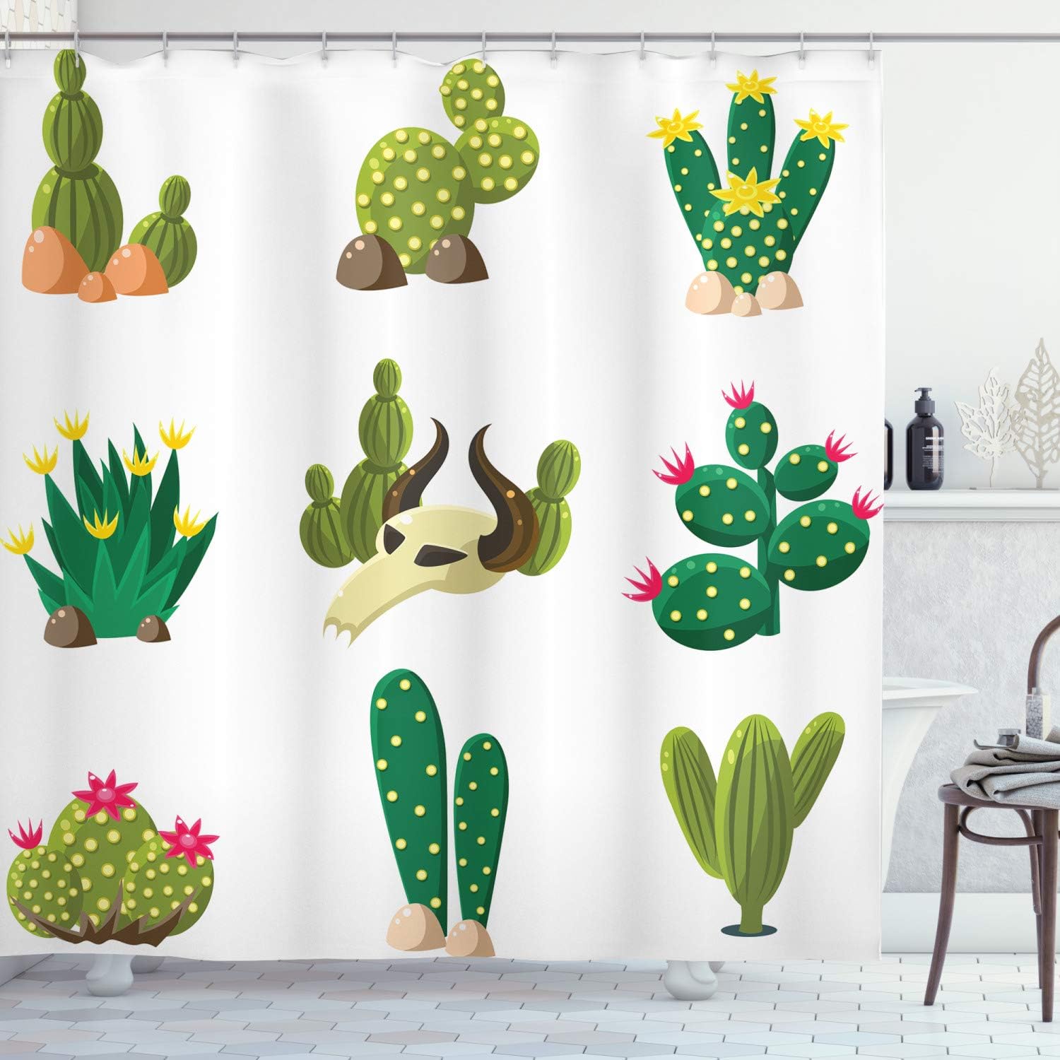 Ambesonne Cactus Shower Curtain, Mexican Themed Print of South Desert Animals Cacti Plants Skeletons and Flowers Cartoon Illustration, Fabric Bathroom Decor Set with Hooks, 69" W x 75" L, Multicolor