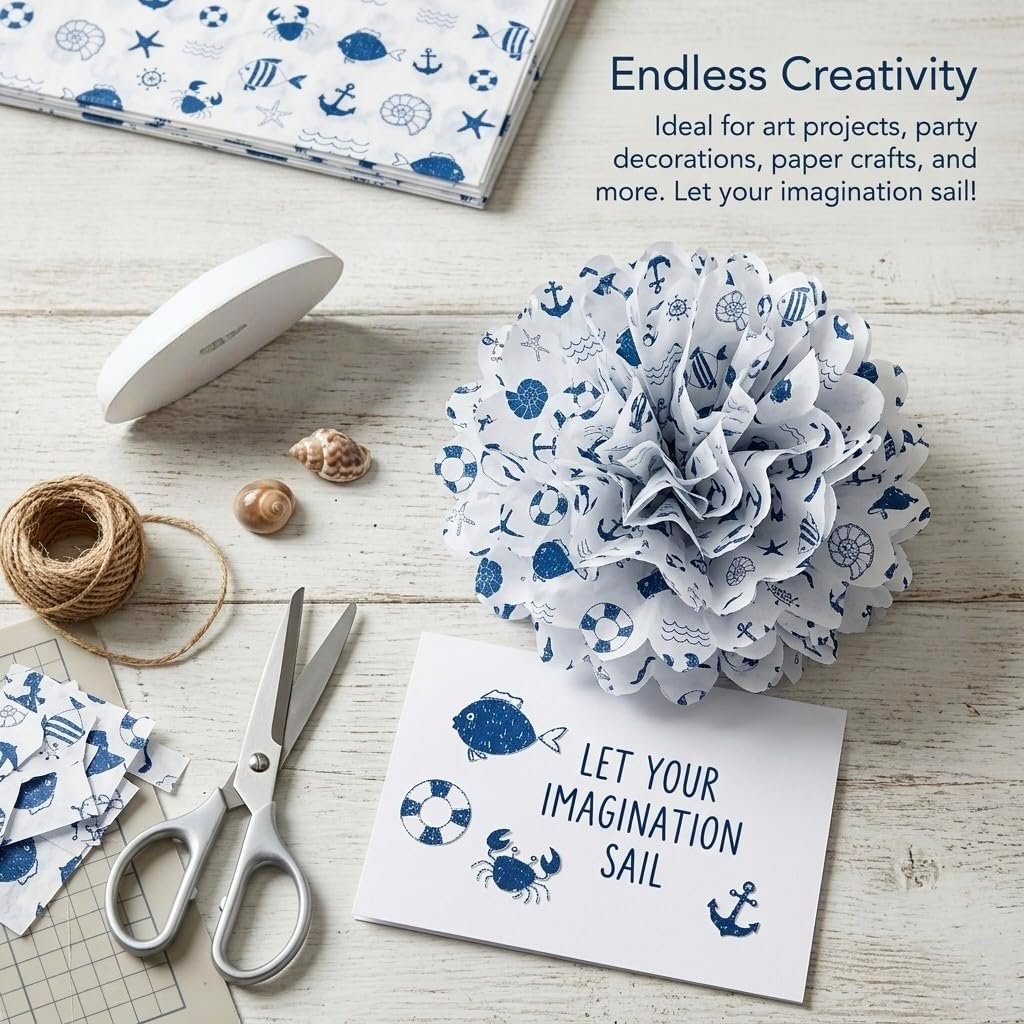 NookLife 100 Sheets Nautical Tissue Paper 14" x 20", Navy Blue Ocean Theme Wrapping Paper for Gift Bags, Coastal Marine Craft Paper for Baby Boy Shower, Birthday Party & Small Business Packaging