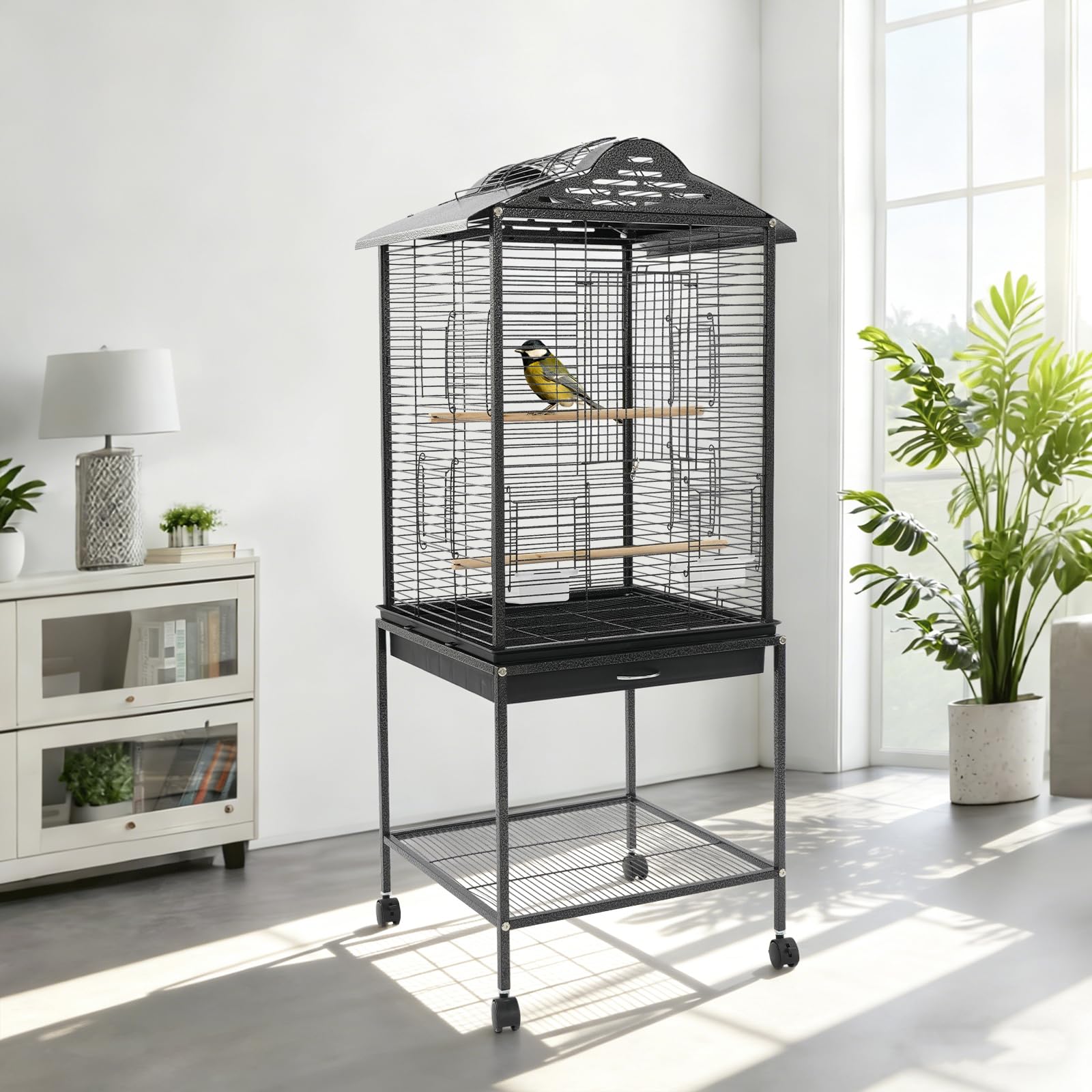 Pajarera para pájaros con ruedas, 48 x 46 x 122 cm, jaula grande con barras de madera y bandeja para la suciedad, con soporte y compartimento de almacenamiento, jaula grande (negro)
