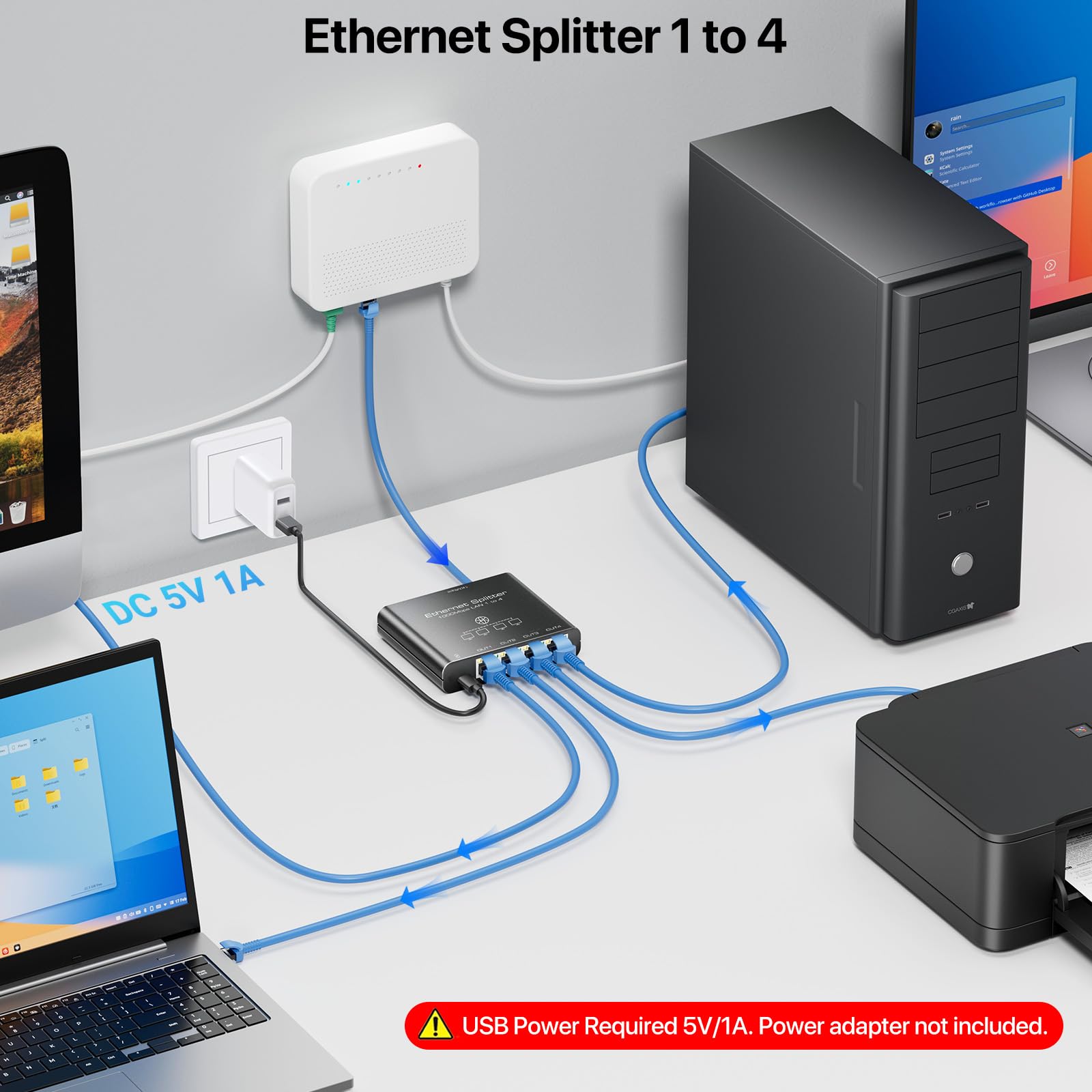 KiWiBiRD Rozdzielacz ethernet 1 do 4 porty, lan splitter adapter 1000 Mbps RJ45 sieciowy Network Internet Gigabit do Cat 8 7 6 5e 5 kompatybilny z Router Gaming PC Computer Laptop PS5 PS4 Xbox TV Box