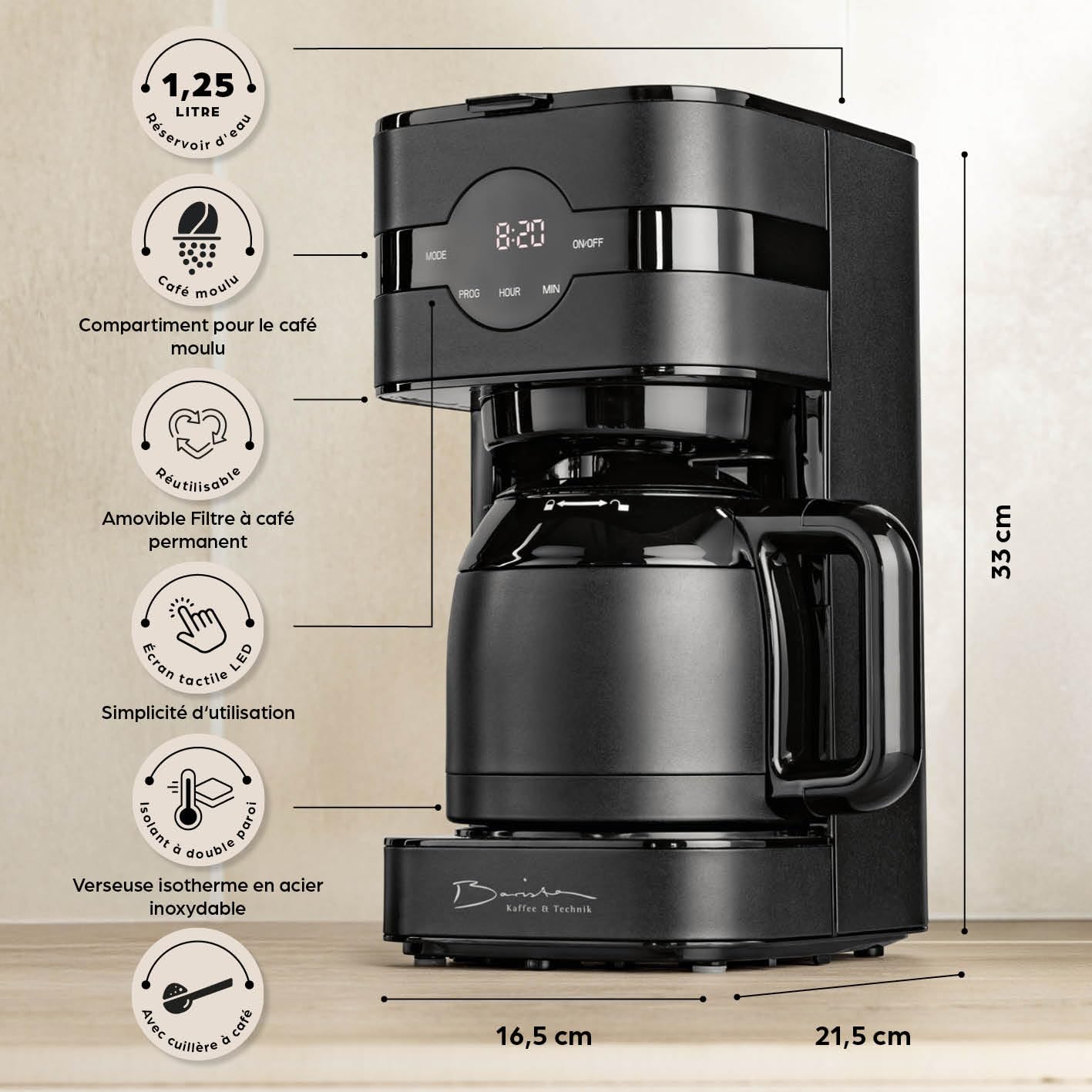 Barista Cafetière filtre avec thermos | Minuteur 24h & filtre permanent | Pour 8 tasses de café | Cafetière pour poudre [Noir]