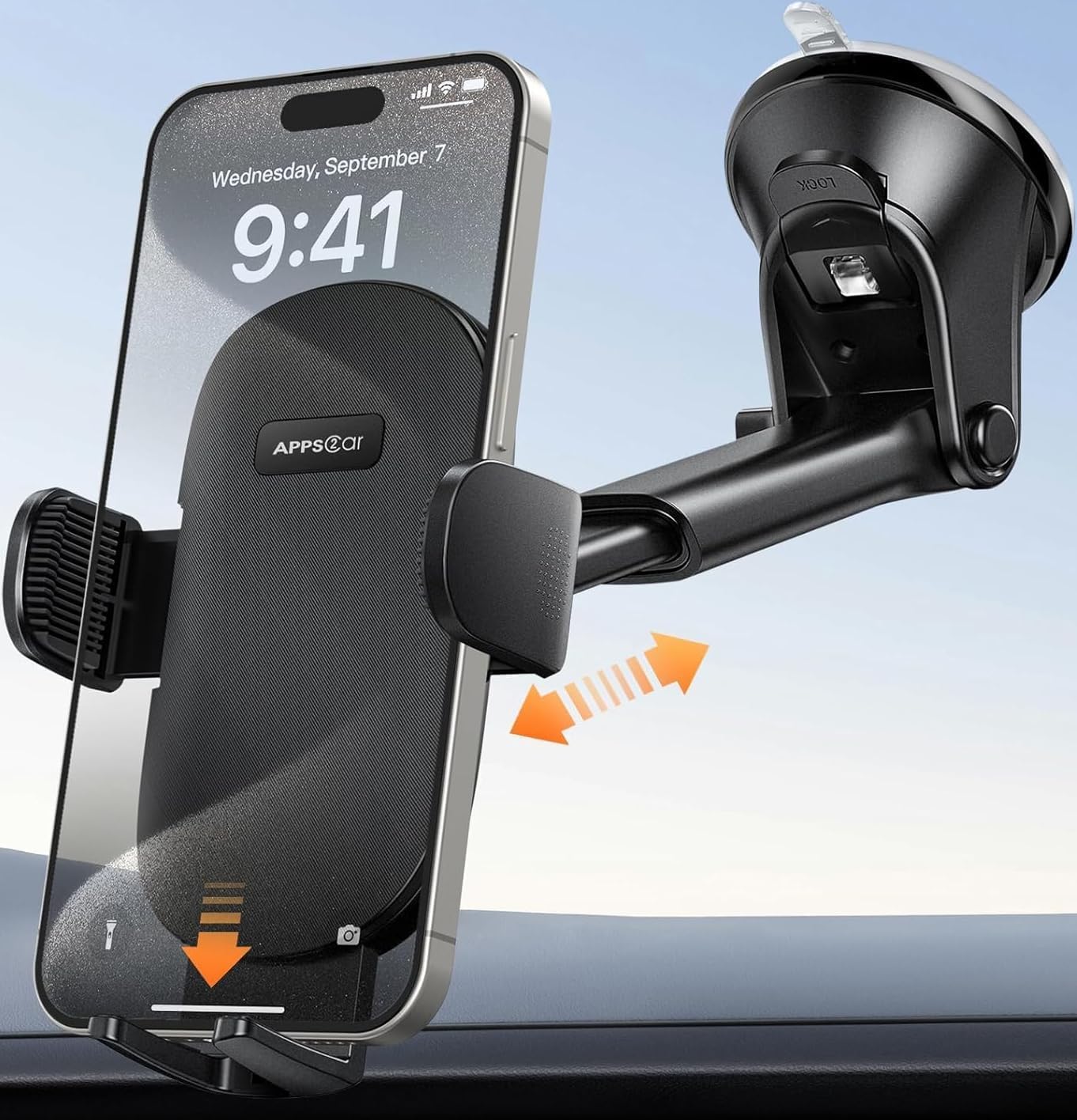 APPS2Car Car Phone Holder for Dashboard & Windshield, Adjustable Long Arm, Strong Suction Cup, Compatible with iPhone, Samsung, All Phones