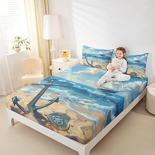Erosebridal Nautical Anchor Bed Sheets Ocean Sailboat Fitted Sheet Queen Size,Sealife Wave Sheets for Kids Boys Girls Adults Fashion Light Blue Bed Set