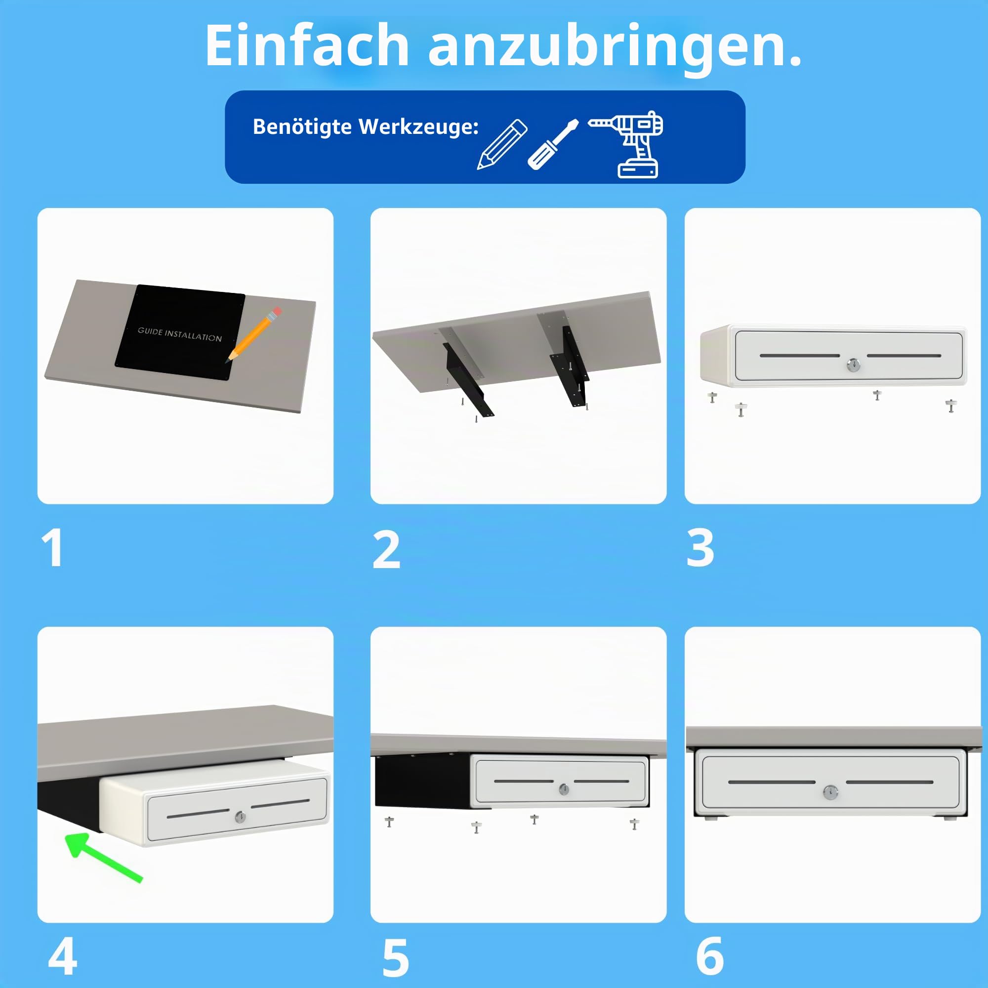 Untertisch-Halterung für Kassenschublade - 2x Montageschienen für 41x41cm Geldschublade, einfache Montage, robuster Stahl, Halterung für Registrierkasse & Kassensysteme