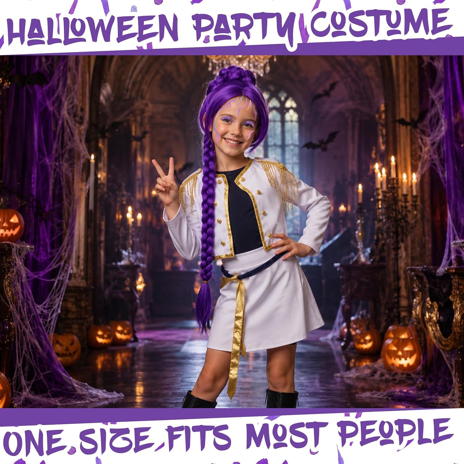 Halloween Demon Cosplay Set Purple Braid Wig Demon Mark Tattoos Purple Eyeshadow Halloween Cosplay Costume Accessories for Kpop Stage Look Party Accessories (Kids)