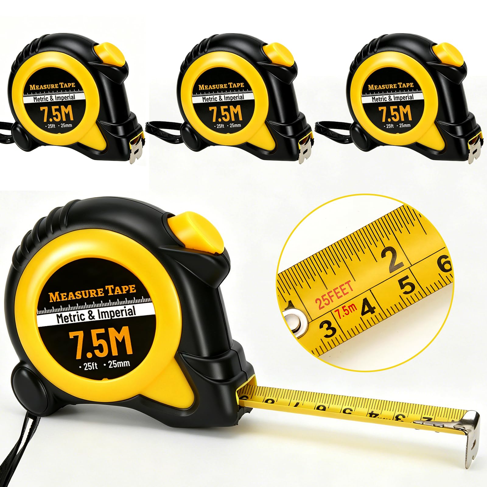 4 PCS Tape Measure Heavy-Duty - Dual Metric and Imperial measurements, Retractable, Thumb lock, Belt clip, Wrist strap, Shock Protection. Built for Accuracy,7.5m /25ft