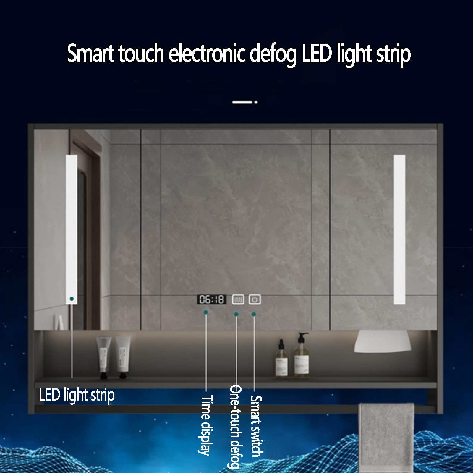 Armario baño pared De madera con espejo y luz,espejo baño con almacenaje y luz,armario espejo baño led Espejo Antivaho de Maquillaje Inteligente,Visualización de la hora,Agujero de papel,Barra de toal
