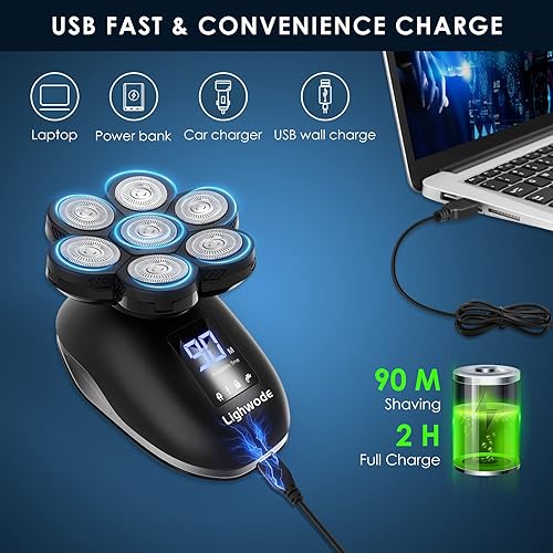 Miniatura 5 de Afeitadoras de cabeza para hombres calvos, impermeable, 7D, para mojado/seco, anti-pellizco, kit de aseo eléctrico LED inalámbrico 5 en 1, con