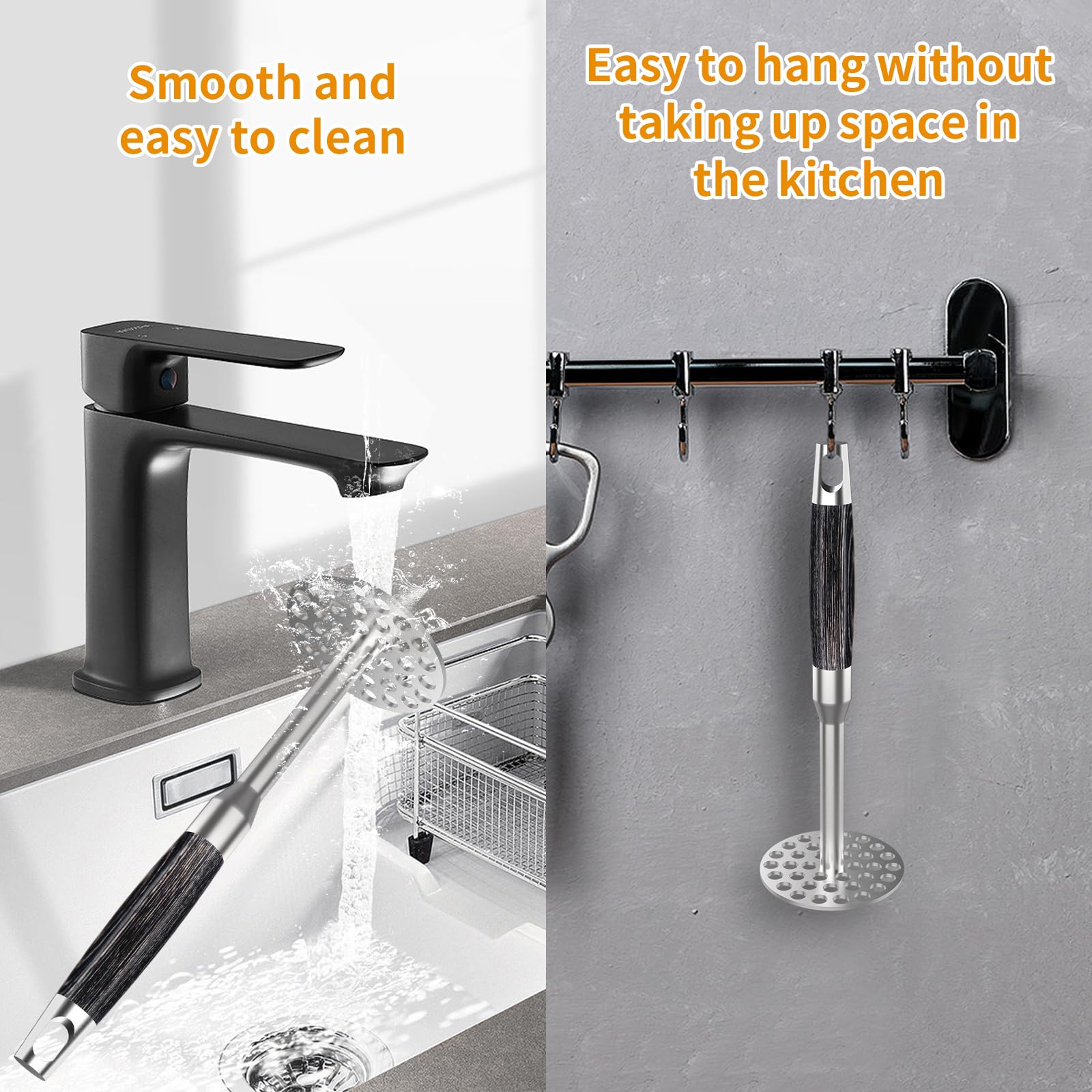 Schiacciapatate In Acciaio Inox 316 - Con Fori A Nido D'Ape E Manico In Legno - Foto 5