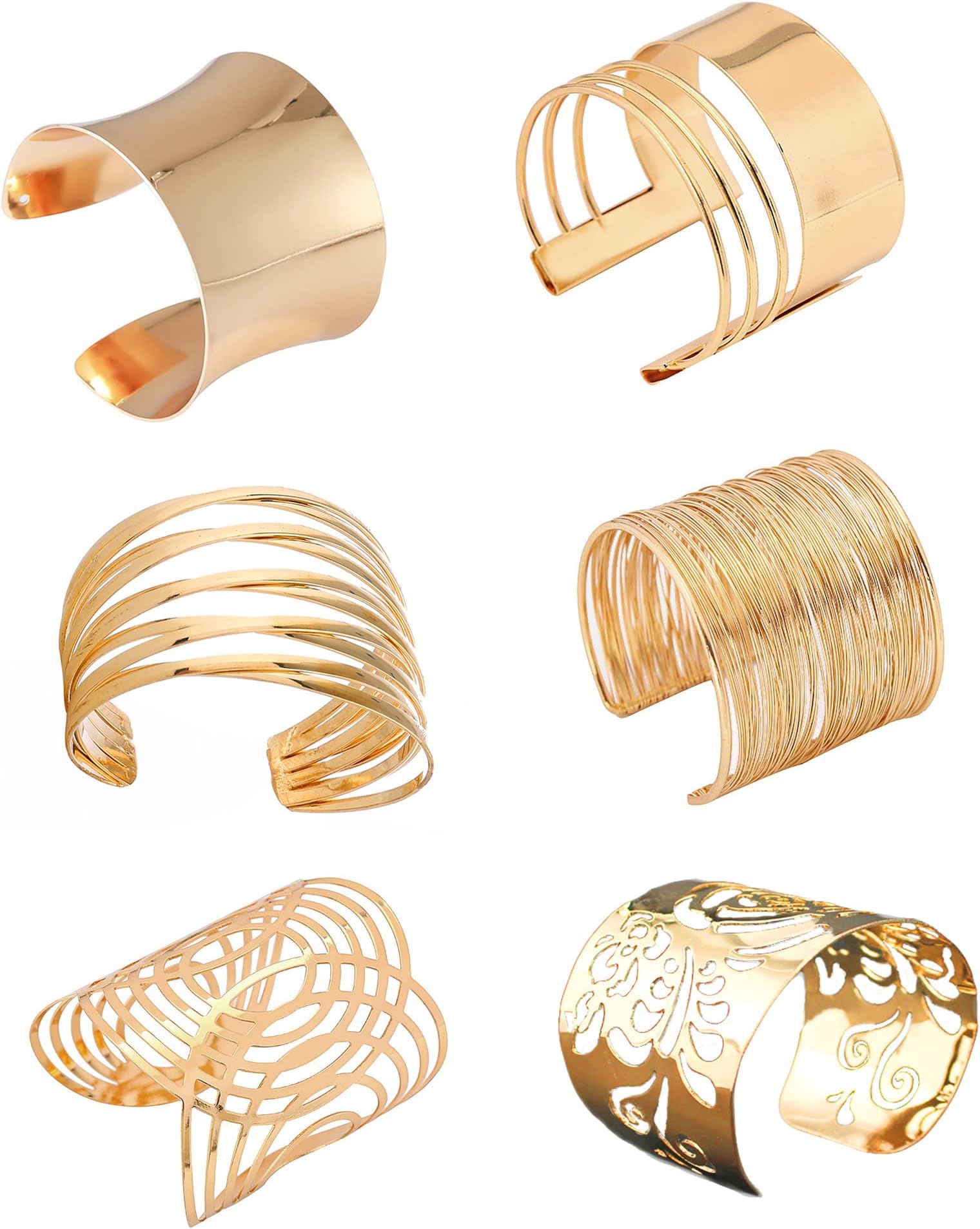 2 Pieces Gold Tone Cuff Bangle Bracelet Set for Women Girls Adjustable Smooth Wide Thin Thread Wire Armband Armlet Wrist Jewelry Set