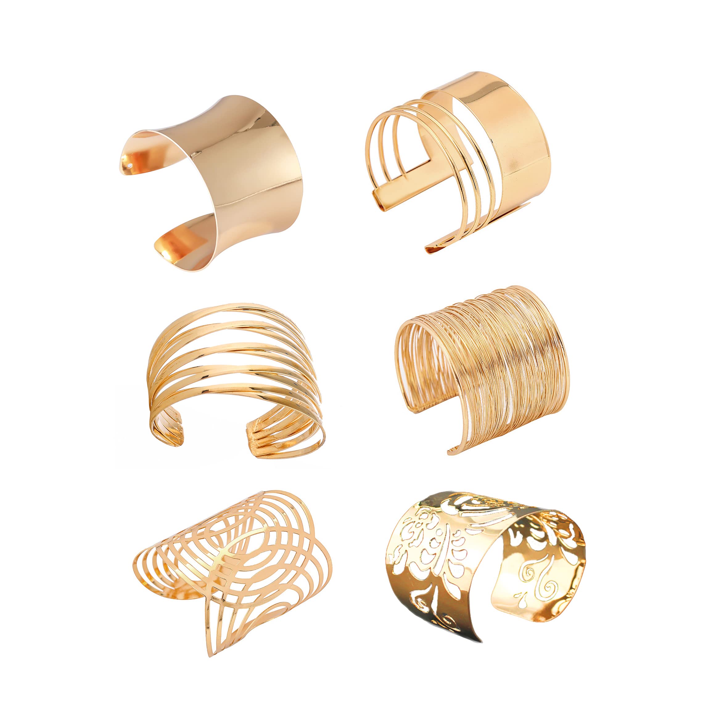 2 Pieces Gold Tone Cuff Bangle Bracelet Set for Women Girls Adjustable Smooth Wide Thin Thread Wire Armband Armlet Wrist Jewelry Set