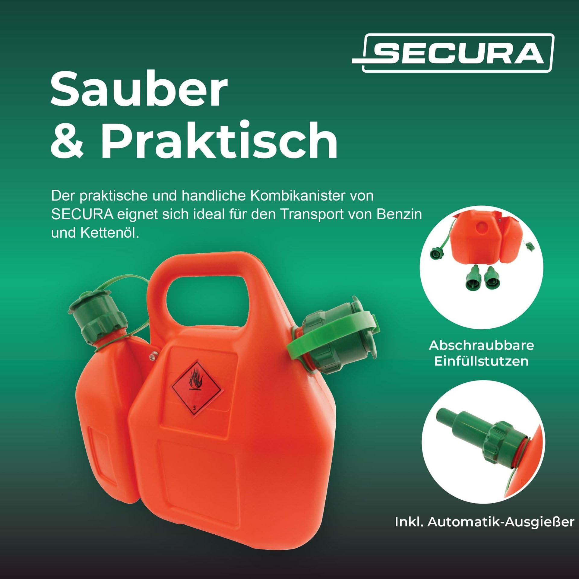 SECURA Doppelkanister für Motorsägen 6L + 2,5L Kombikanister mit Einfüllsystem | Einfüllstutzen Kanister Kettensäge für Sonderkraftstoff Motorsäge | Kettensäge Benzin Zubehör Forst Zubehör