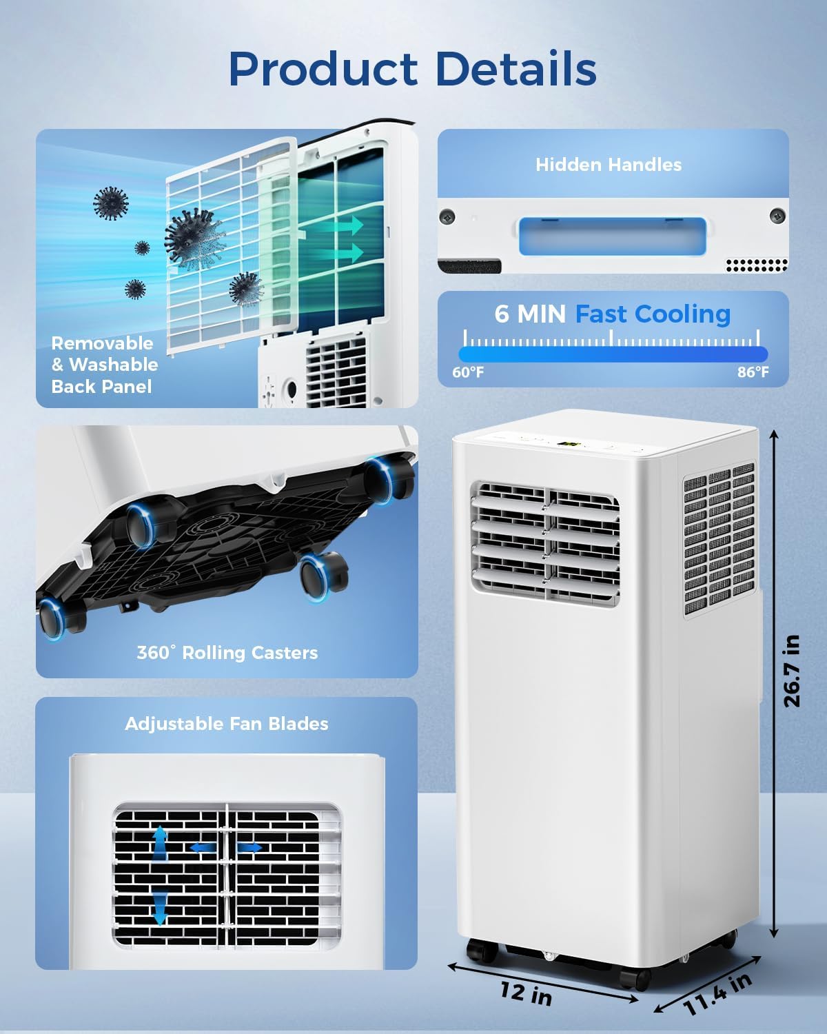 10,000 BTU Portable Air Conditioners - Cools 450 Sq.Ft, 3-in-1 Portable AC with Remote Control/Sleep Mode/24H Timer, AC Unit for Bedroom, Dorms, Apartment, Window Kit Included