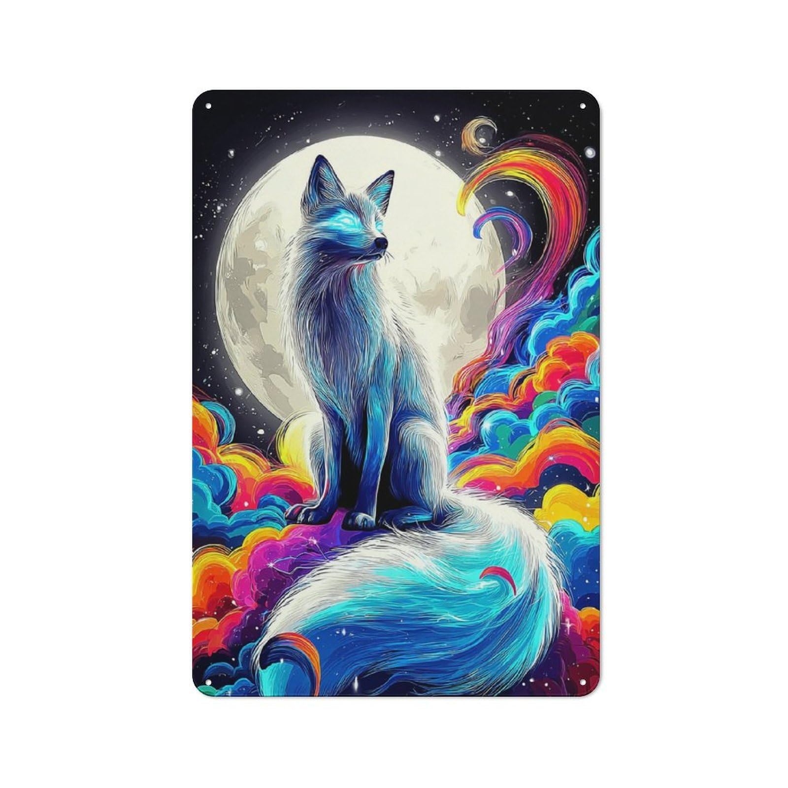 Junmoney Rainbow Fox Under The Moon Rustic Metal Plaque 30X20cm For Dining Room Or Kitchen, A Housewarming Gift For Dining Room Decor Fans