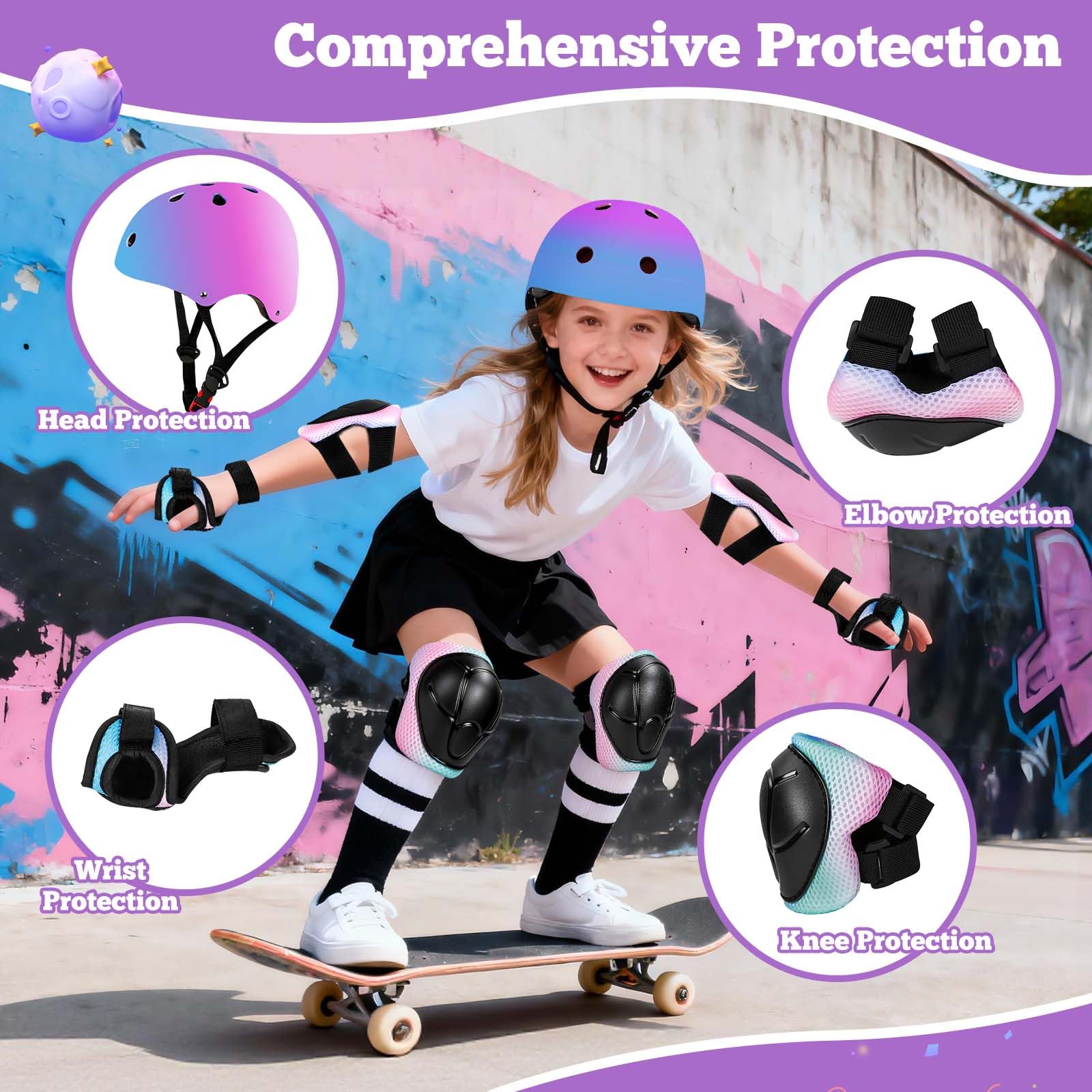 Casque de vélo pour enfants, garçons, filles et adolescents âgés de 3 à 14 ans, y compris coudes, genouillères, poignets, ensemble de protection pour casques pour enfants, vélos, skateboards