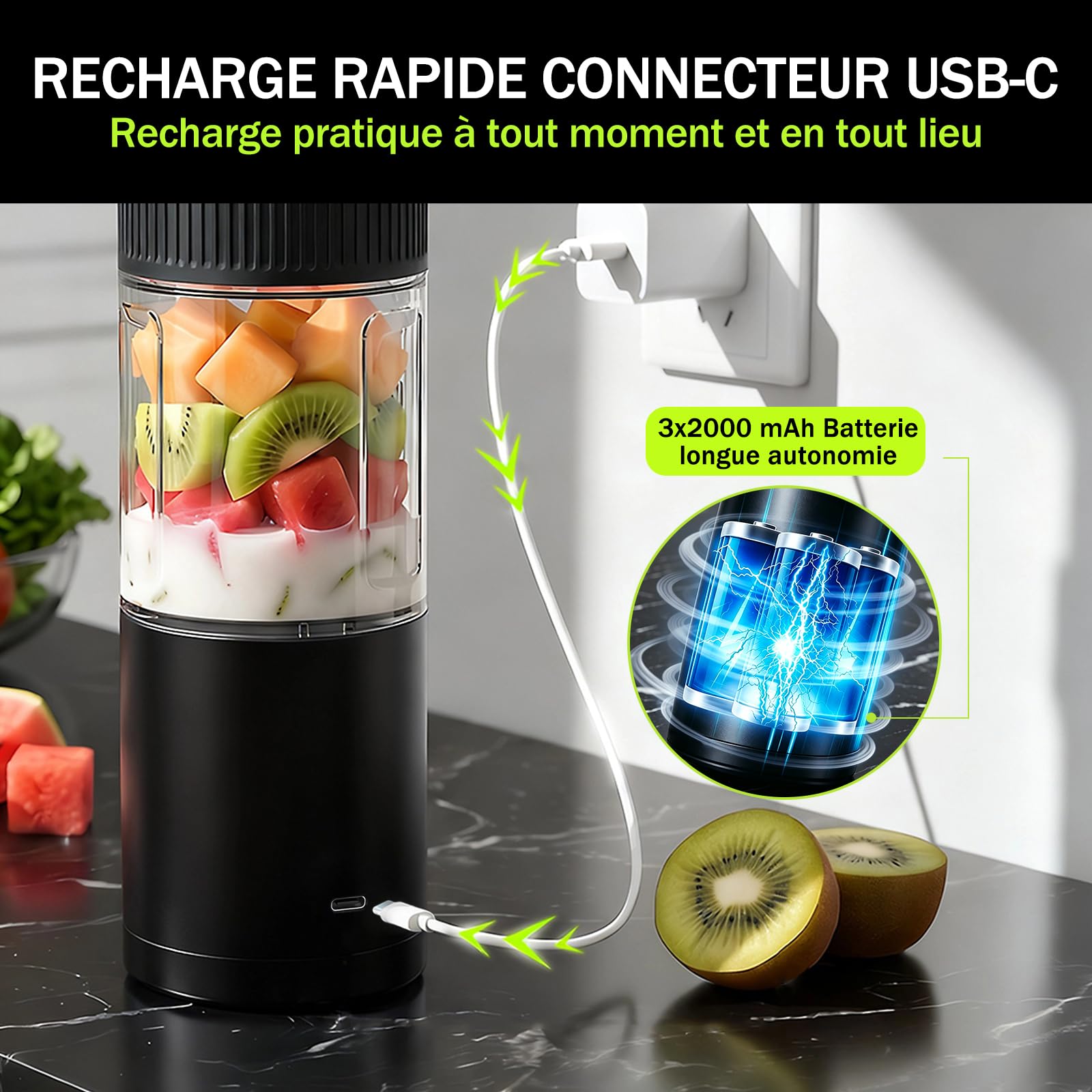 Blender portable,600ml,rechargeable,Broyage fruits et glaçons,compact | Bol mélangeur et couvercle anti-fuites, pour préparer des smoothies et des milkshakes, idéal pour les voyages et le sport