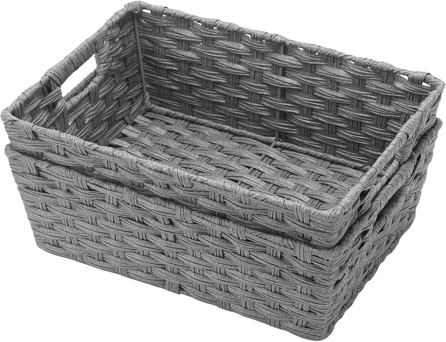 Large Wicker Storage Basket, Metal Frame, Set of 2, Washable Waterproof, 15" x 10.3" x 5.2", Grey Color, Woven Basket for Pantry, Toilet, Bathroom, Bedroom, Patio - Image 8