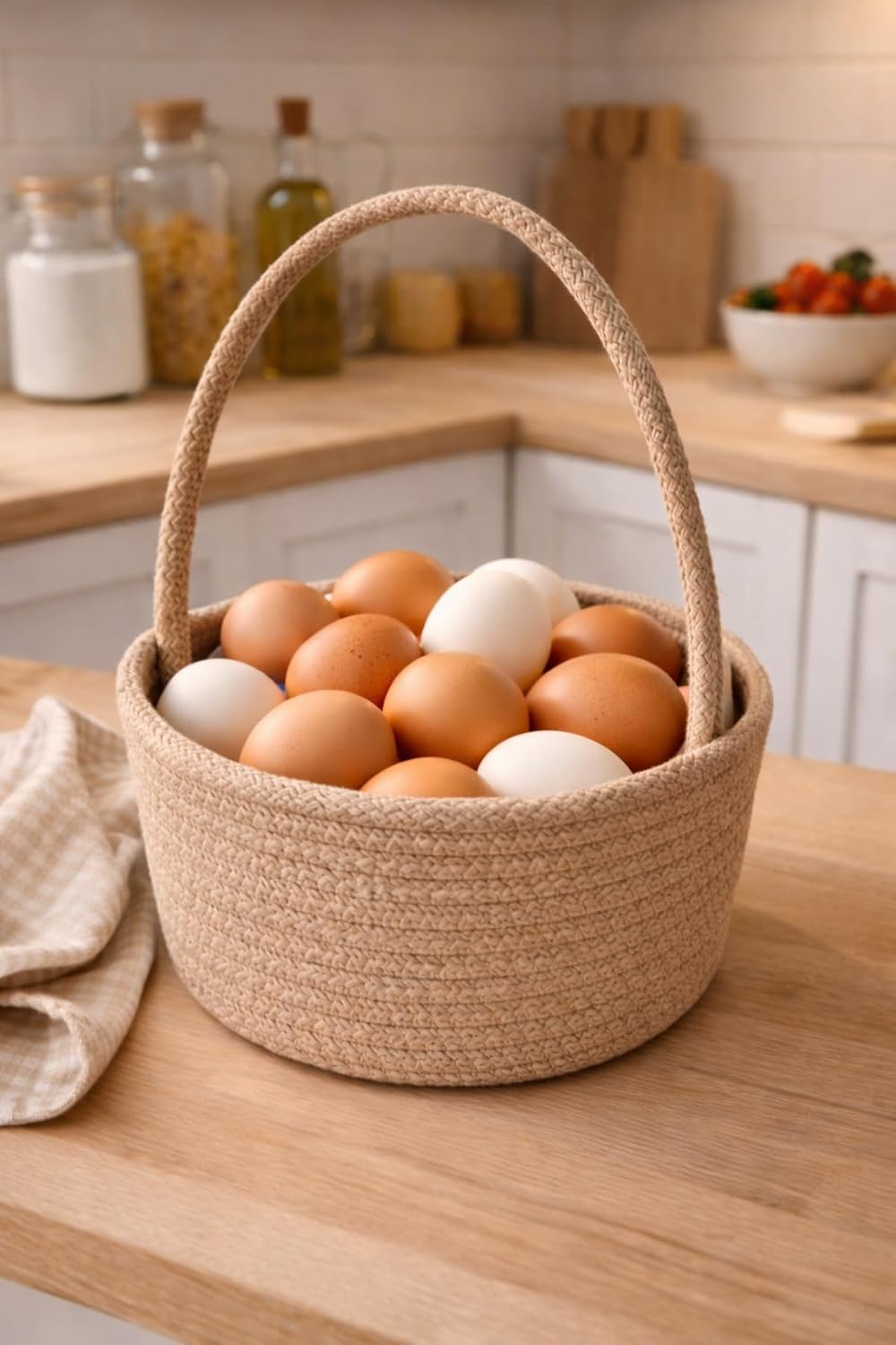 Decorative Basket with Handle, Multi-Purpose Organizer, 15x7 cm Cotton Woven Storage, Beige Color, Home Organization - Beige