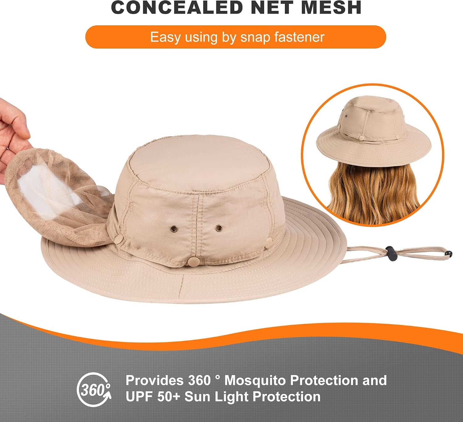 Mosquito Net Hat - Bug Cap UPF 50+ Sun Protection with Hidden Netting Outdoors for Women and Men Beige