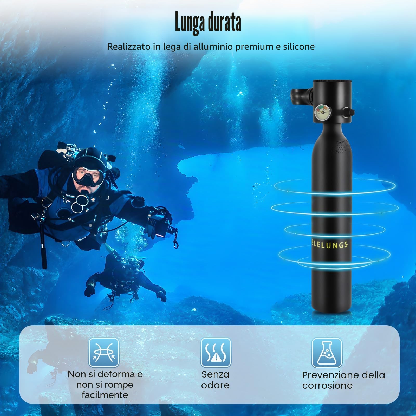 Lung Tank Bombola di Ossigeno Bombola per Immersioni Mini Cilindro per Immersioni 0,13 Galloni per Immersioni Ricreative ed Emergenza, 5-10 Minuti di Tempo di Immersione 100 piedi / 30m di