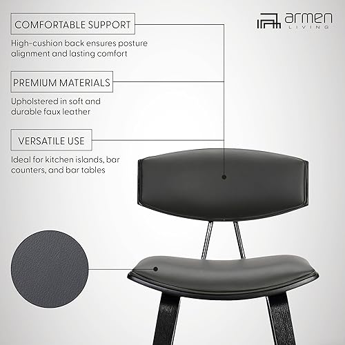 Miniatura 4 de Armen Living Fox - Taburete de bar moderno de mediados de siglo de piel sintética gris y madera negra de 25.5 pulgadas