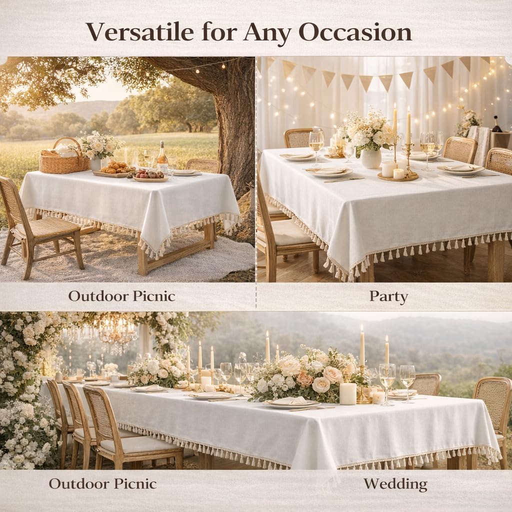 Rectangular Tablecloth 70 x 55 Inch, Heavyweight Polyester Table Cloth with Tassels, Wrinkle Resistant, Washable Dining Table Cover for Kitchen Party