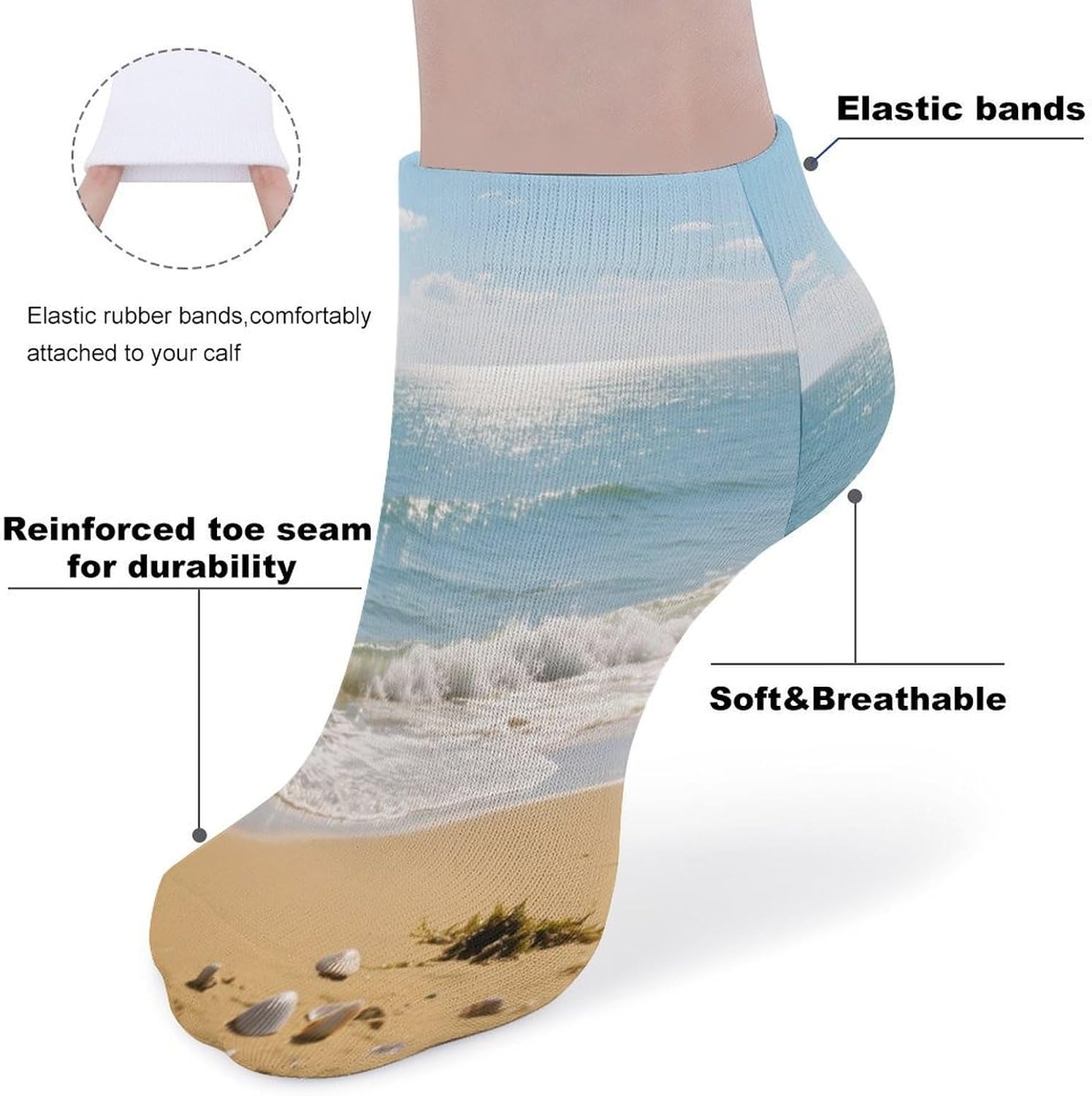 Shells Beach Waves Athletic Ankle Socks for Women Men Running Hiking Cotton Socks Low Cut No Show Sock (5 Pack)