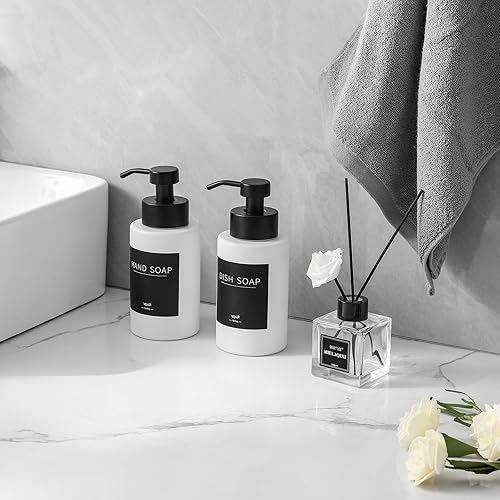 Miniatura 4 de Juego de dispensador de jabón espumoso, dispensador de jabón de manos de vidrio blanco de 12 onzas con bomba de acero inoxidable 304 a prueba de
