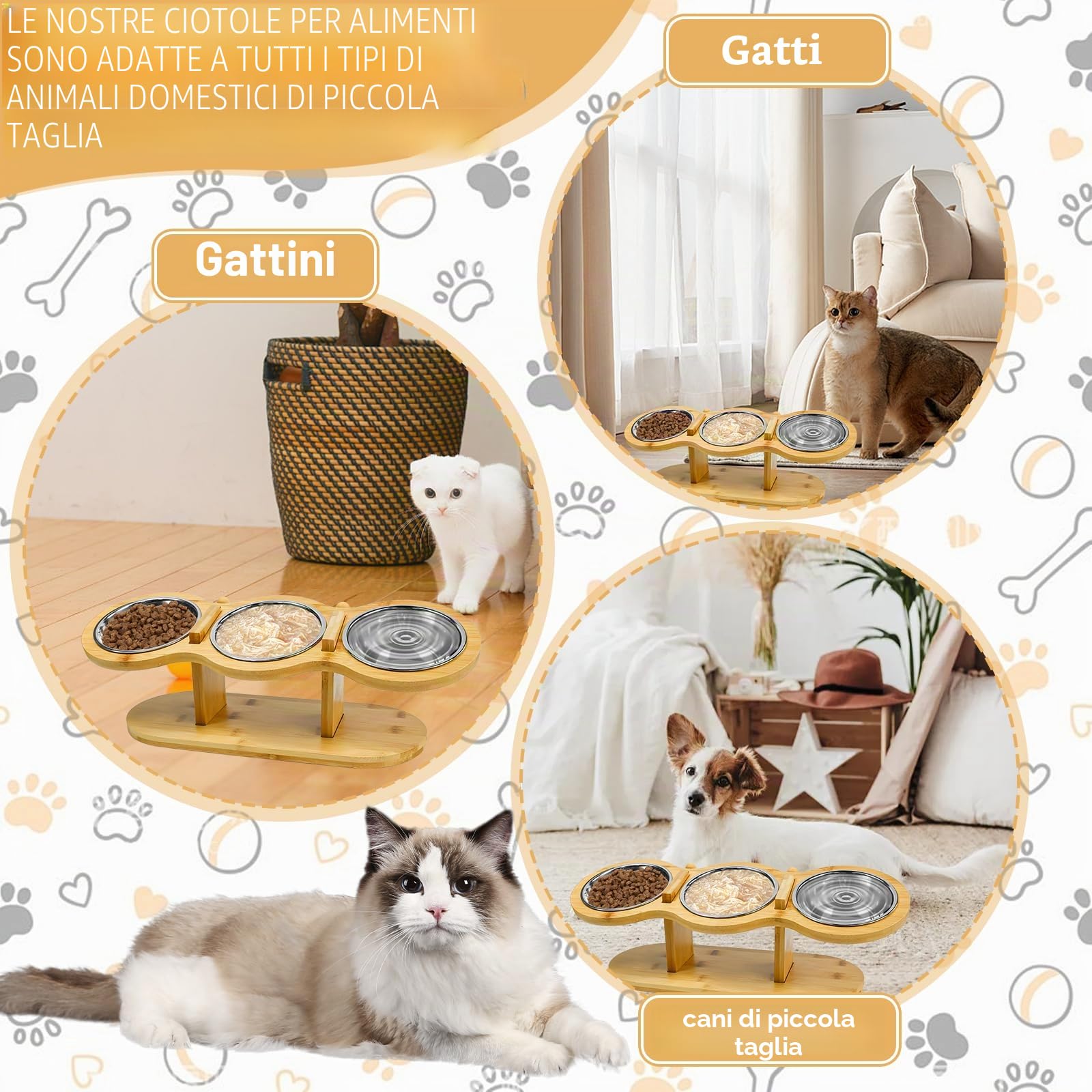 Ciotole per Gatti Rialzate,Mangiatoia per Gatti con 3 Ciotole,Ciotola in Acciaio Inox Rialzate con Supporto in Legno per Cani Piccoli, Gattini