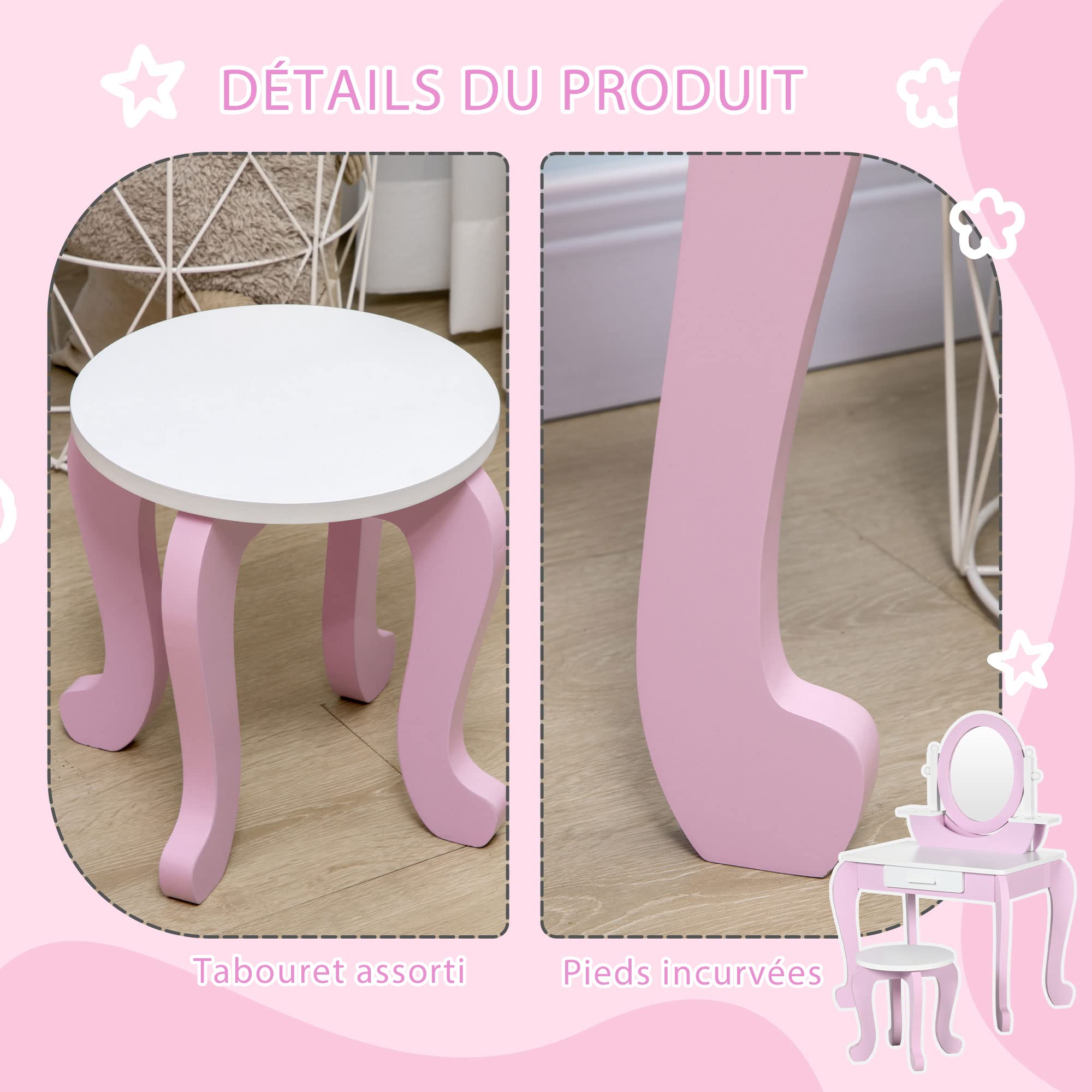 ZONEKIZ Coiffeuse Enfant Table de Maquillage avec Tabouret Miroir et tiroir 65,5 x 46 x 93 cm Bicolore Rose et Blanc