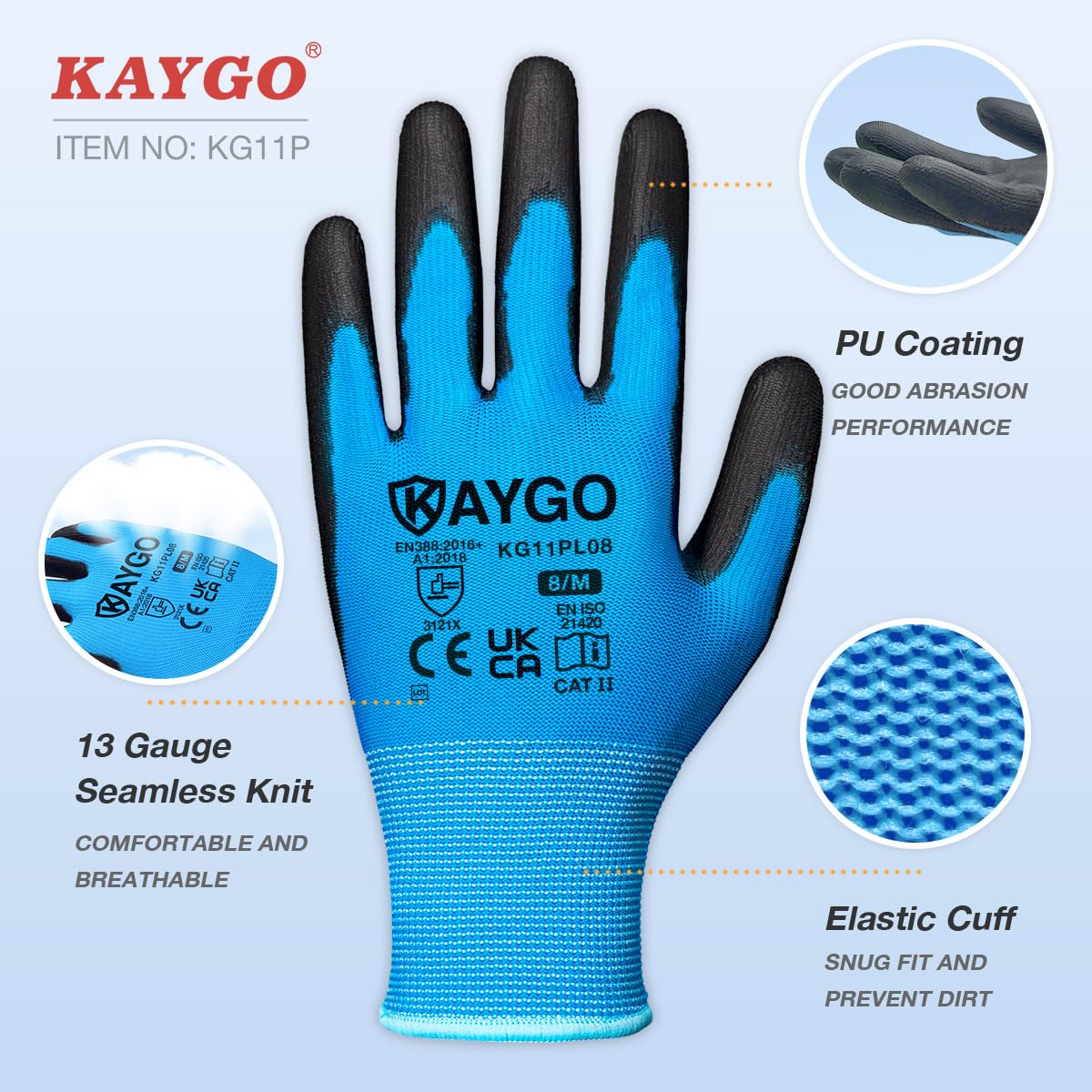 KAYGO Work Gloves PU Coated-12 works, KG11PL, Safety Working Gloves with Secure Grip on Palm & Fingers - Image 2