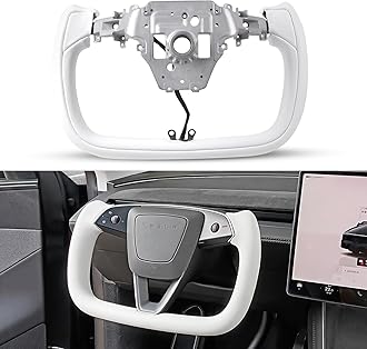 Yoke Steering Wheel Personalized for Tesla Model Y Juniper 2025, Nappa Leather for Tesla Model Y Accessories With Heating Function No Front Trim (White Perforated, Glossy Carbon Fiber)