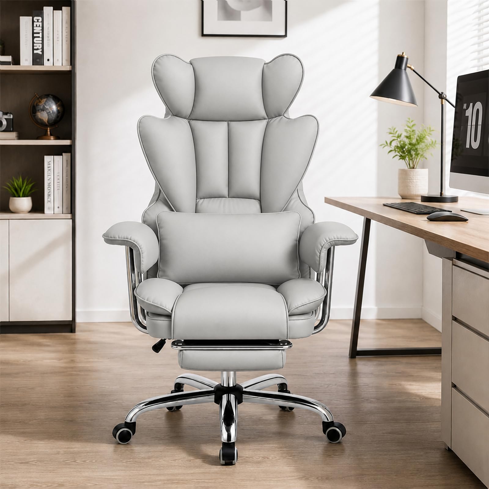 Ergonomischer Chefsessel Bürostuhl Gaming Stuhl Hochlehner mit Fußstütze & verstellb. Lendenstütze, 200 kg belastbar, Extra breiter Sitz, 90°–135° Rückenlehne, Polsterung, Modern Büro/Homeoffice, Grau