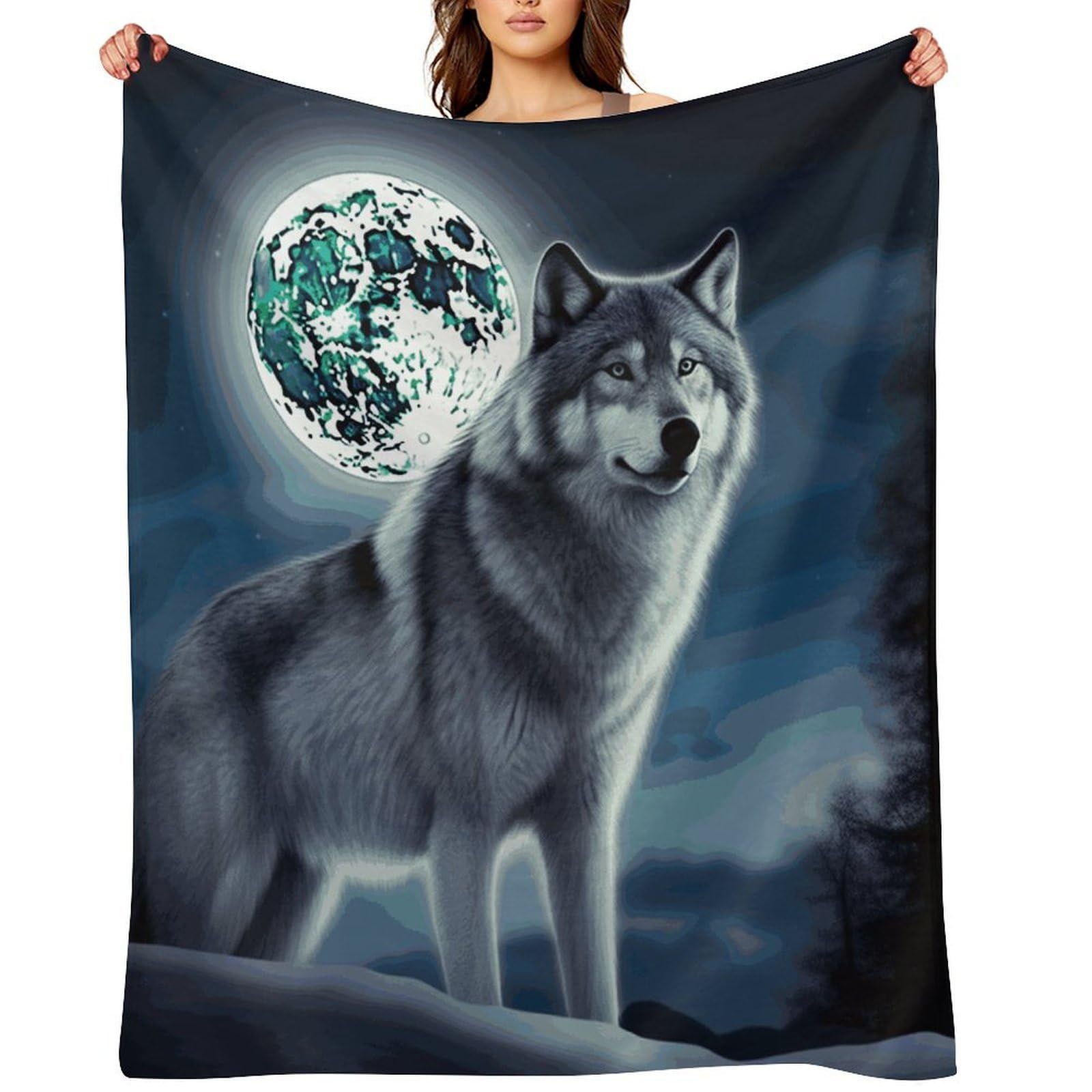 Wolf Under Moon Blankets Flannel Soft Blanket for Couch Warm Cozy Throw Blankets Fashion Bed Blanket Thick Bath Towel Bedspread Tapestry for Home Supplies Gift 50"x60"