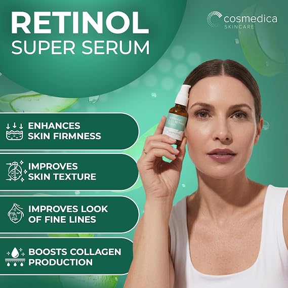 Cosmedica Skincare Retinol Serum 2.5% for Face | Anti-Aging Vitamin A Serum with Hyaluronic Acid, Green Tea & Vitamin E | Reduces Wrinkles, Acne Scars & Dark Spots | Gentle for Sensitive Skin | 1 oz