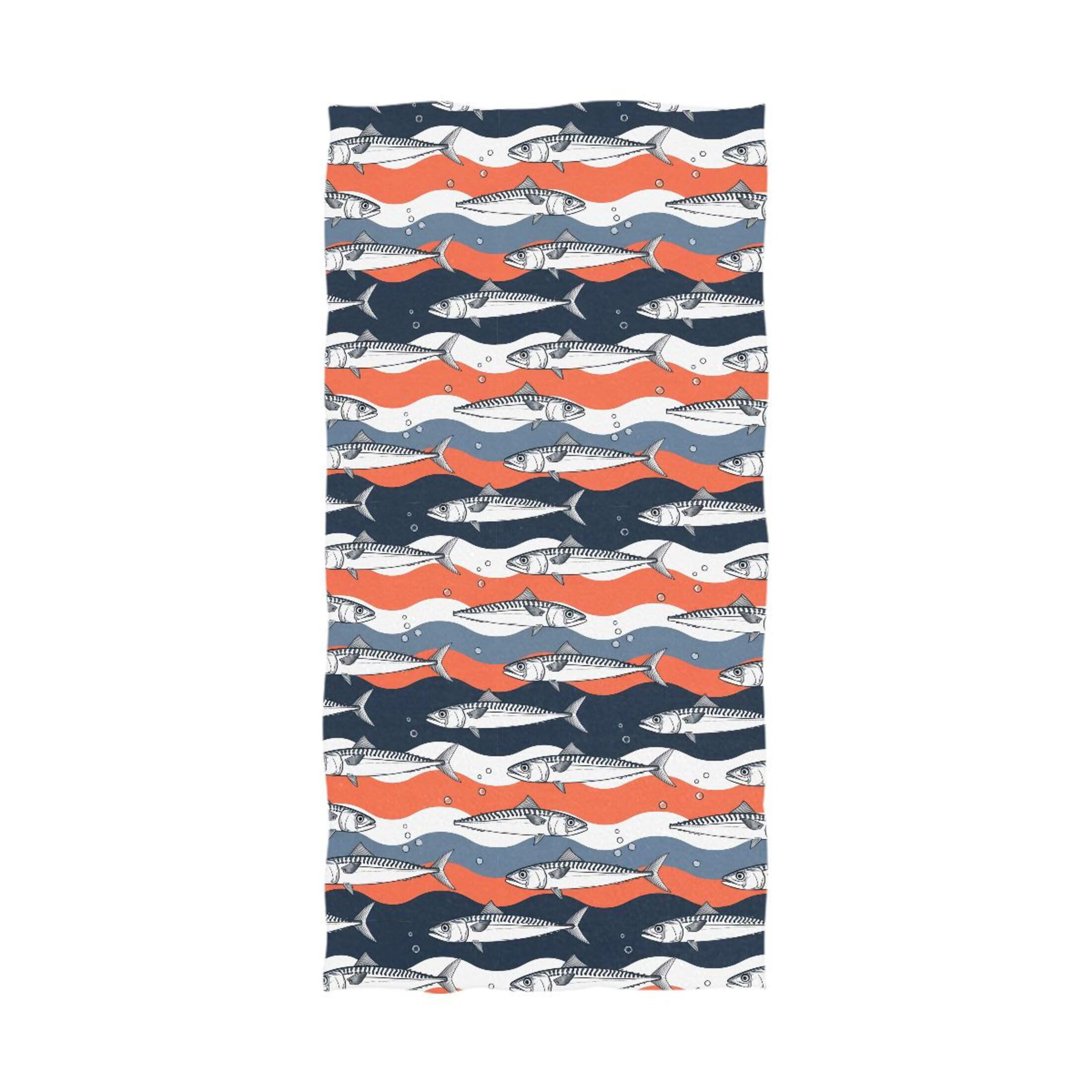 Kutsu Fishes Tripes Bath Towel, Highly Absorbent Cotton Soft Bath Hand Towel for Bathroom Kitchen Hotel Spa, 64 x 32 In