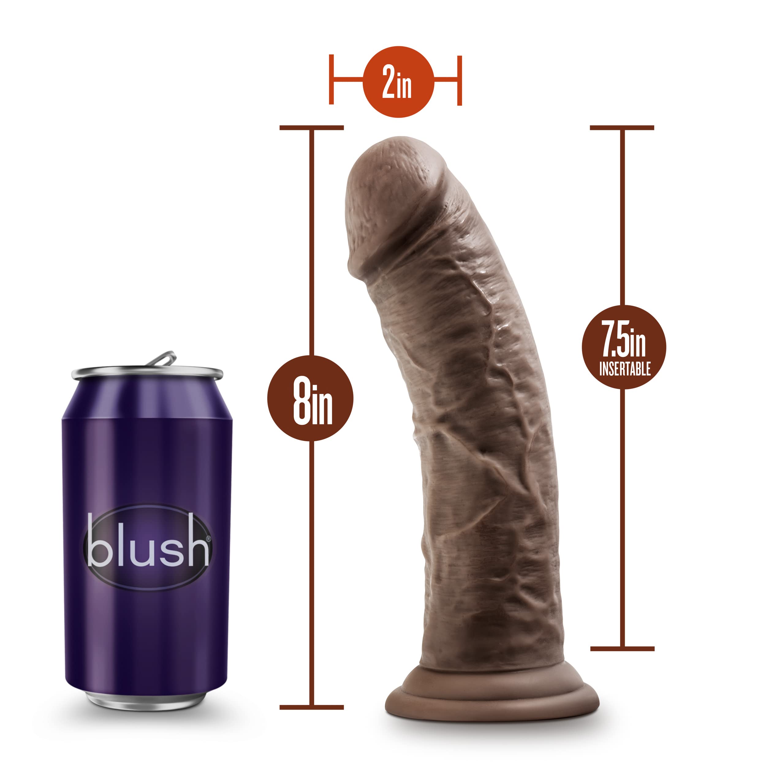 Blush Dr. Skin Plus 8" Realistic Dildo, Triple Density Posable Cock - Suction Cup, Strap-On Real Feel Big Dildo, Soft Yet Firm Vaginal & Anal Penis - Adult Sex Toy for Women, Men, Couples -(Chocolate): Brown